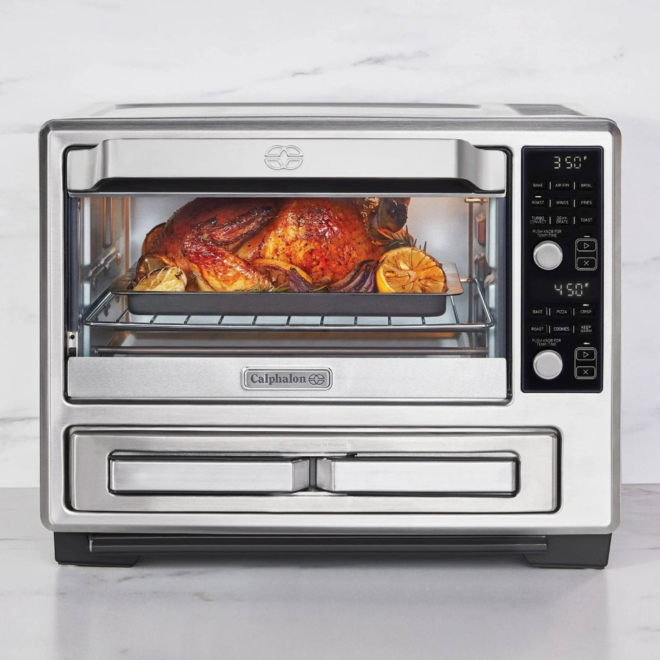 350°F - BAKE | ROAST | WINGS | FIRES | TOAST | PUSH BUTTON | 450°F - BAKE | PIZZA | CHIPS | BROIL | COOKING NEXT | Calphalon