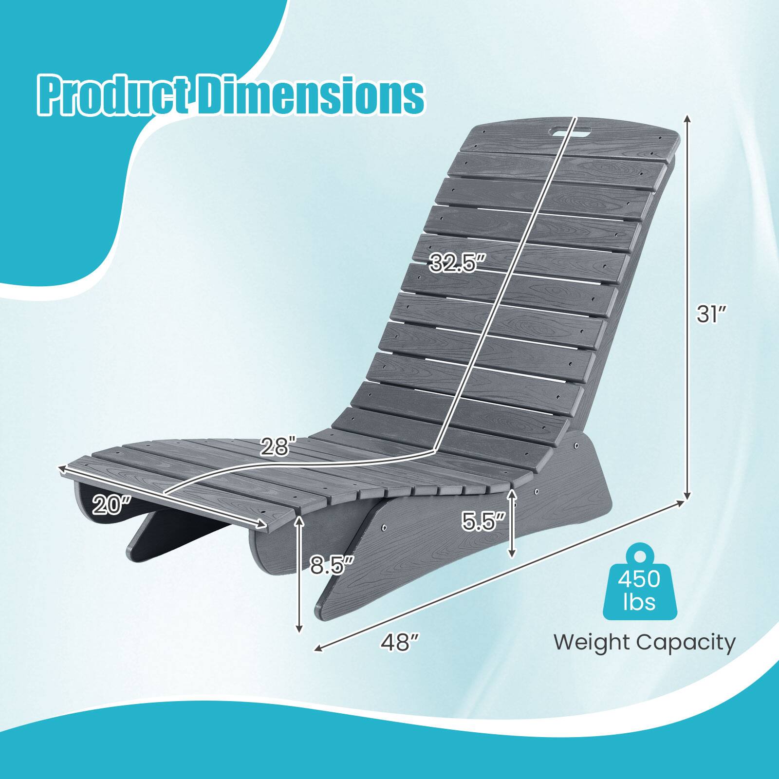 Product Dimensions
- 32.5"
- 31"
- 28"
- 20"
- 5.5"
- 8.5"
- 48"

Weight Capacity
- 450 lbs