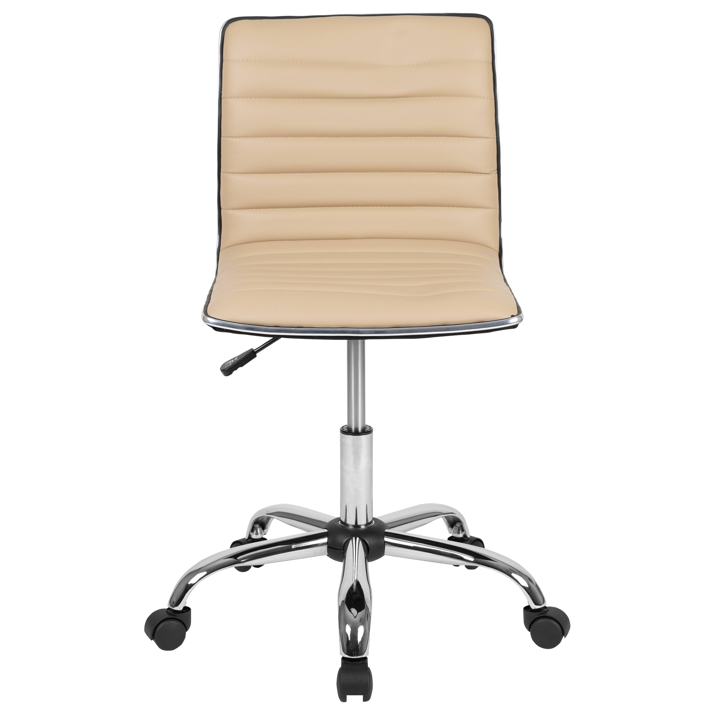 Alt View 7. Emma + Oliver - Low Back Designer Armless Ribbed Swivel Task Office Chair - Tan Vinyl/Chrome Frame.
