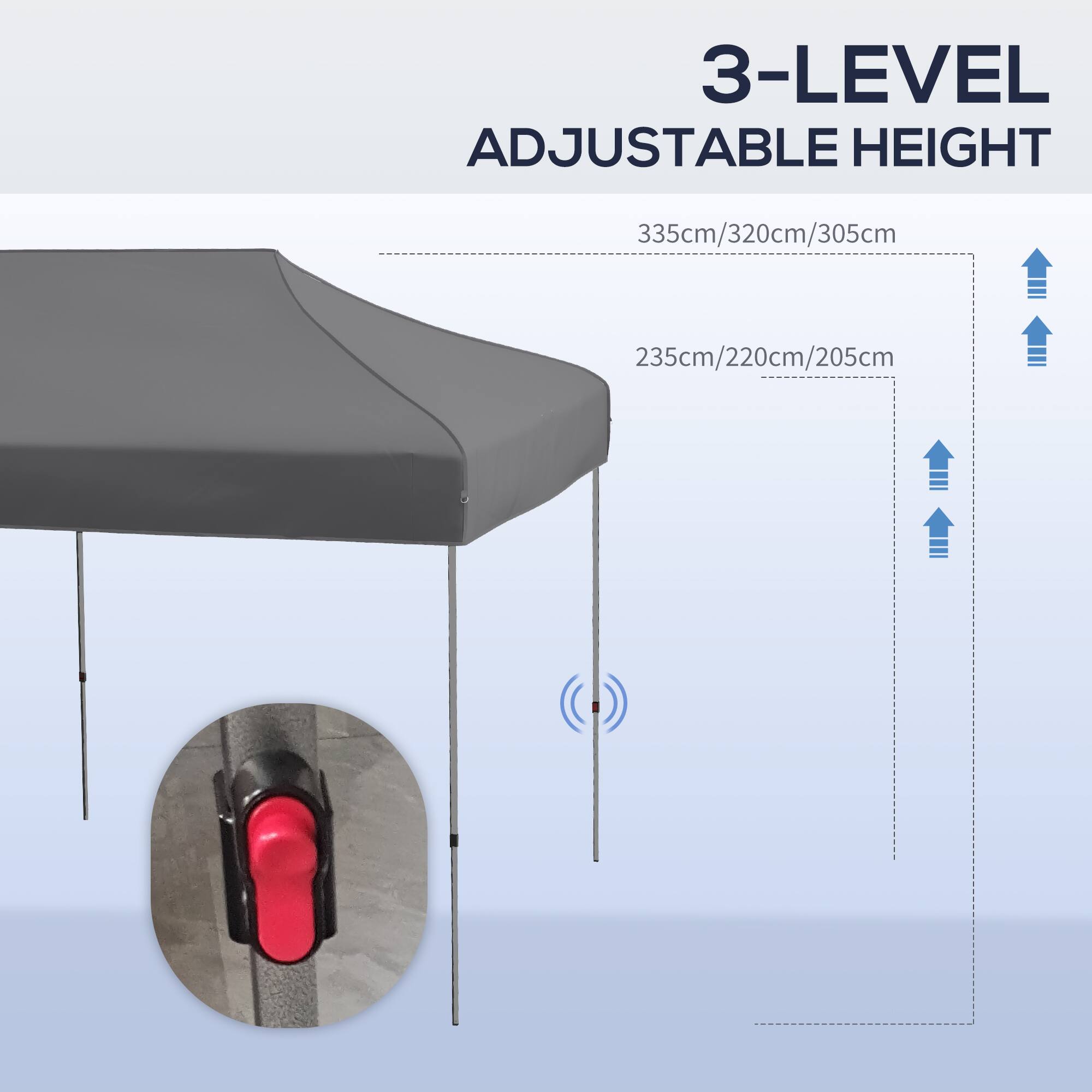 3-LEVEL ADJUSTABLE HEIGHT
335cm/320cm/305cm
235cm/220cm/205cm
