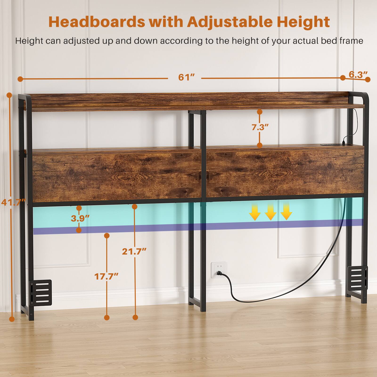 Headboards with Adjustable Height

Height can be adjusted up and down according to the height of your actual bed frame

61"  
6.3"  
7.3"  
41.7"  
3.9"  
21.7"  
17.7"