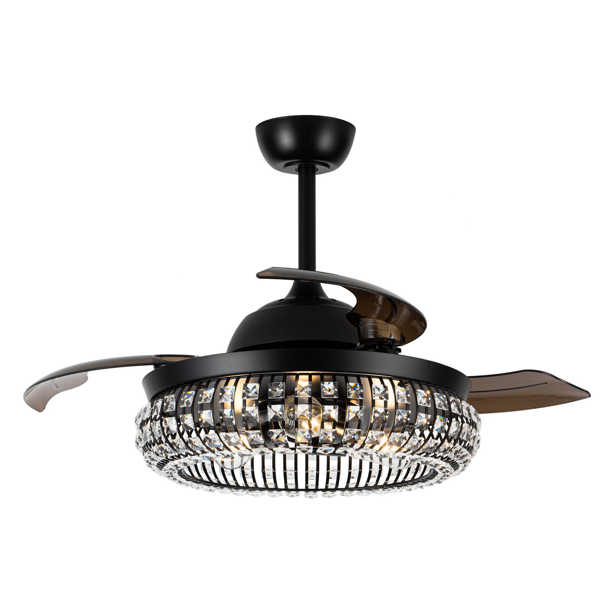 Alt View 1. Parrot Uncle - 42" Modern Black 3-Light Crystal Ceiling Fan with Remote - Black.
