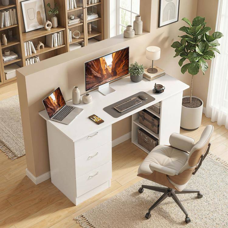 Alt View 2. PULUZ - 47 inch Modern Home Office Computer Desk Bookcase Combo Writing Table Workstation with 3 Drawer and Storage Shelf - White.