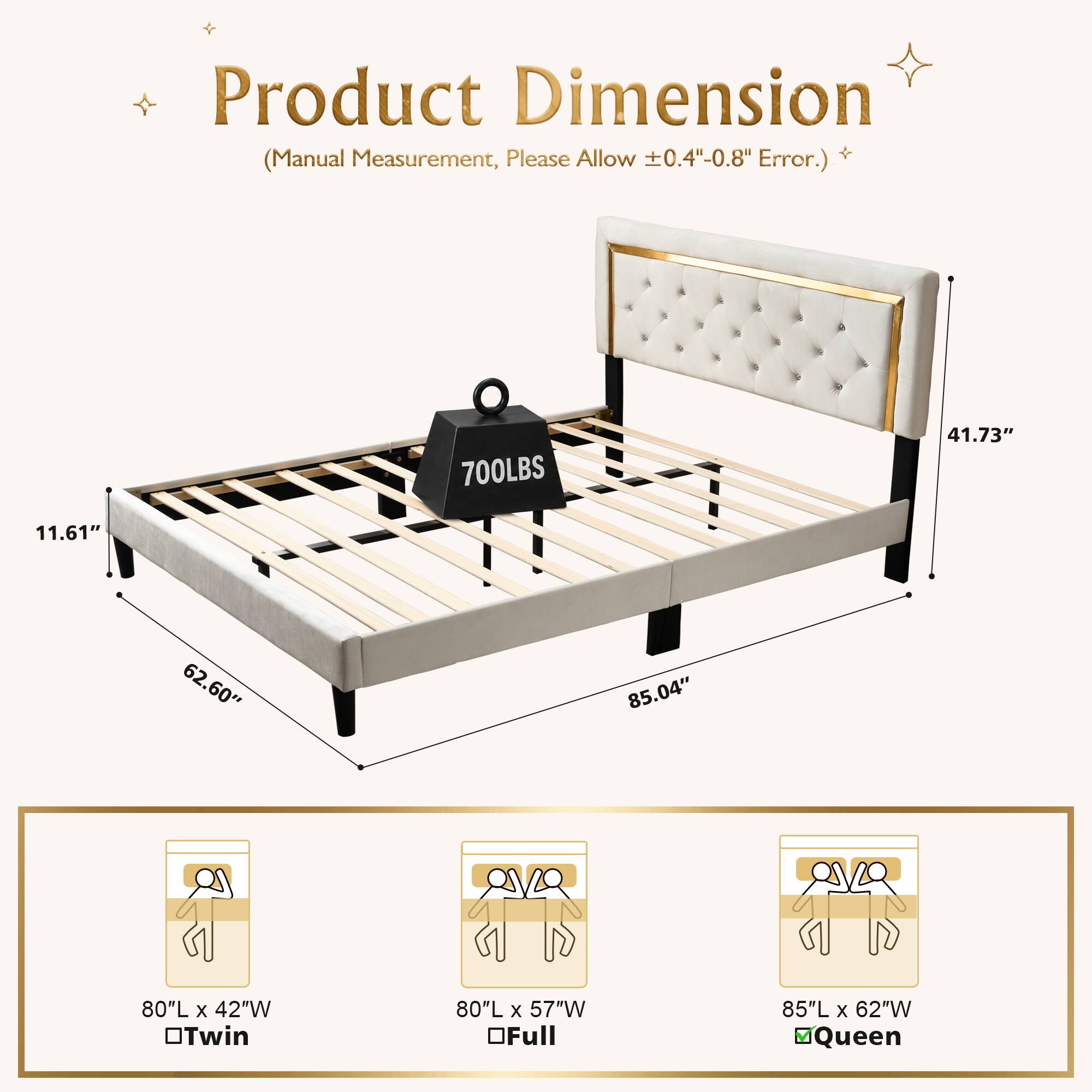 Product Dimension Measurement, Please Allow 0.4"-0.8" + (Manual Error.)  
700LBS  
41.73" 11.61" 62.60" 85.04"  
80"L x 42"W OTwin  
80"L x 57"W OFull  
85"L x 62"W Queen