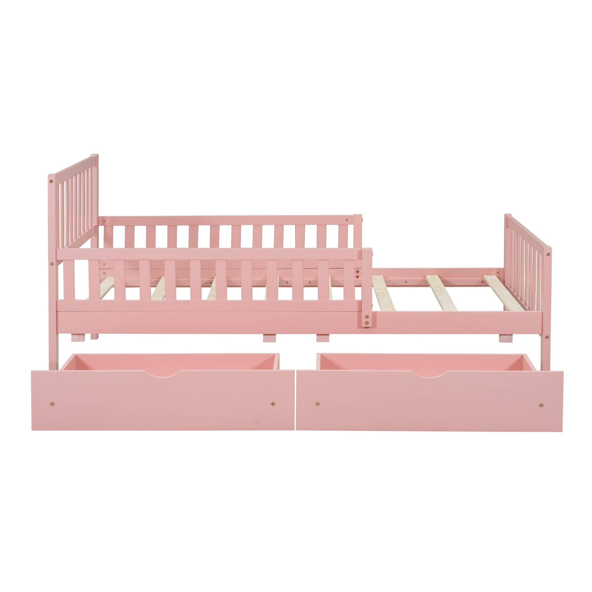 Alt View 1. GOODSILO - Twin Size Wood Platform Bed with Dual Guardrails and Underbed Storage Drawers for Enhanced Safety and Organization - Pink.