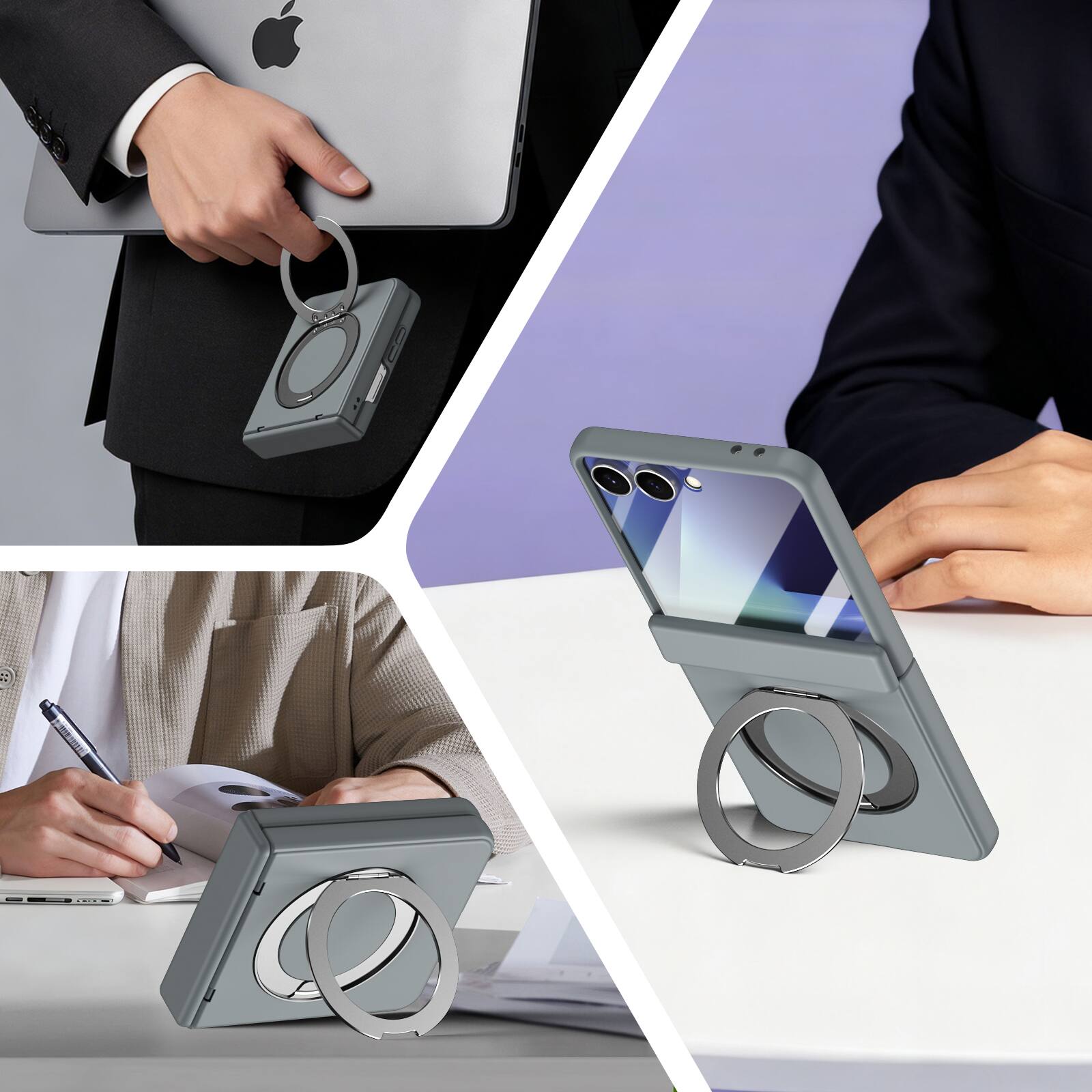 Angle. Dteck - For Samsung Galaxy Z Flip 7 Rugged Case With Screen Protector, Shockproof Magnetic Ring Stand Hinge Protection Cover - Gray.