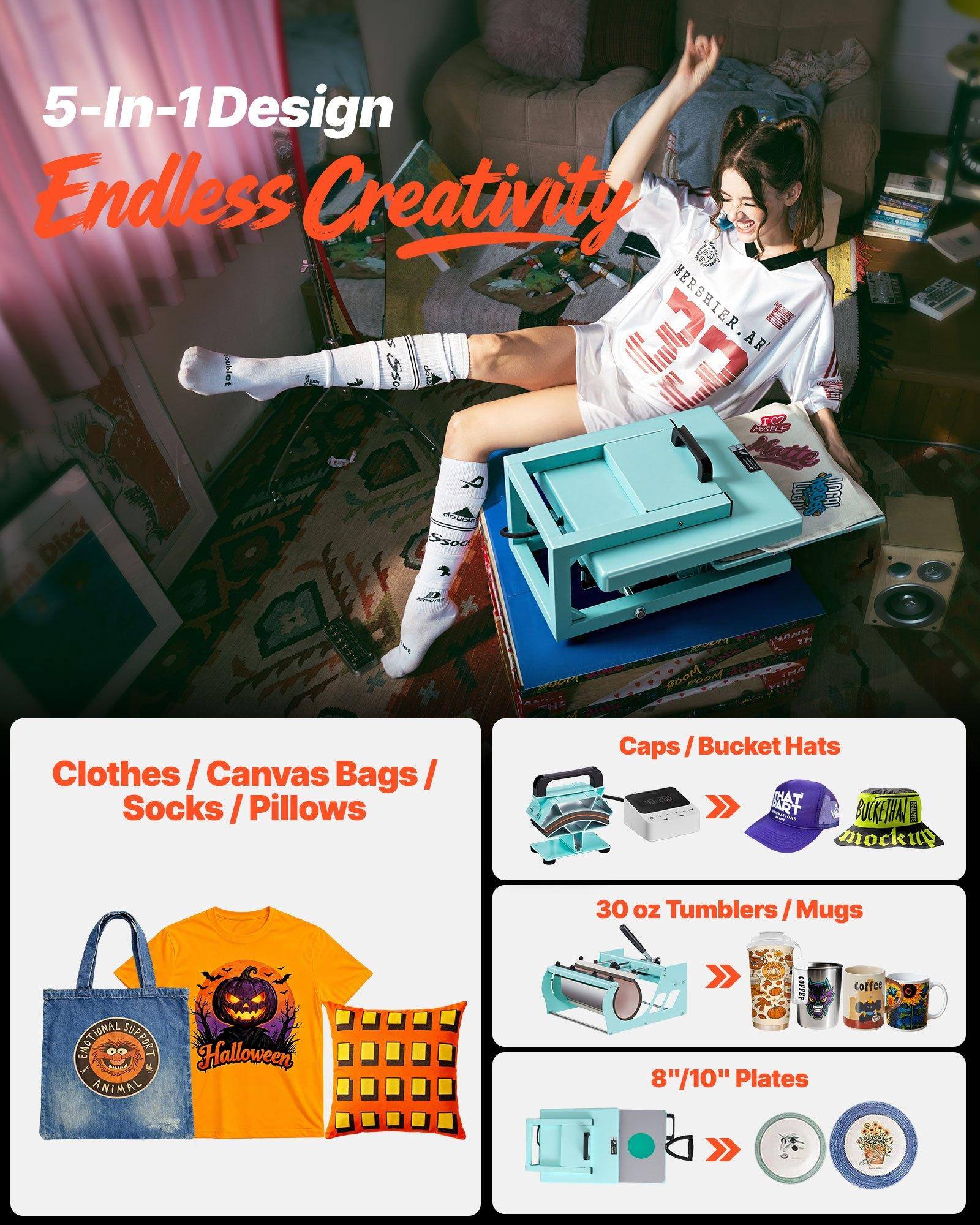 5-In-1 Design  
Endless Creativity  

Clothes / Canvas Bags / Socks / Pillows  

Caps / Bucket Hats  

30 oz Tumblers / Mugs  

8" / 10" Plates