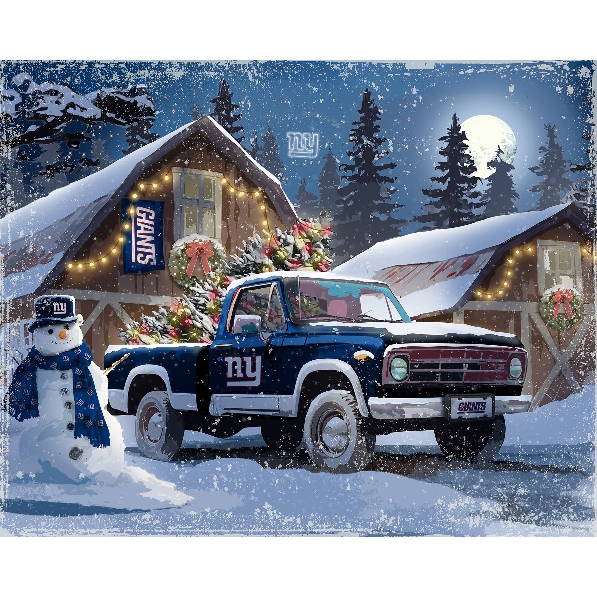 The text in the image reads:

- "GIANTS" (on the sign and license plate)
- "ny" (on the truck and snowman's hat)