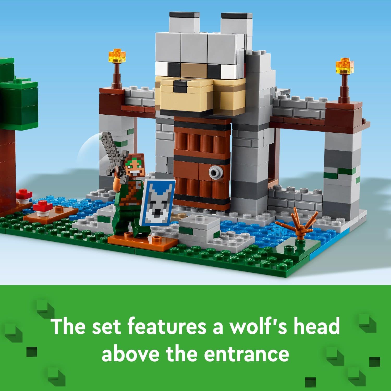 The set features a wolf's head above the entrance.