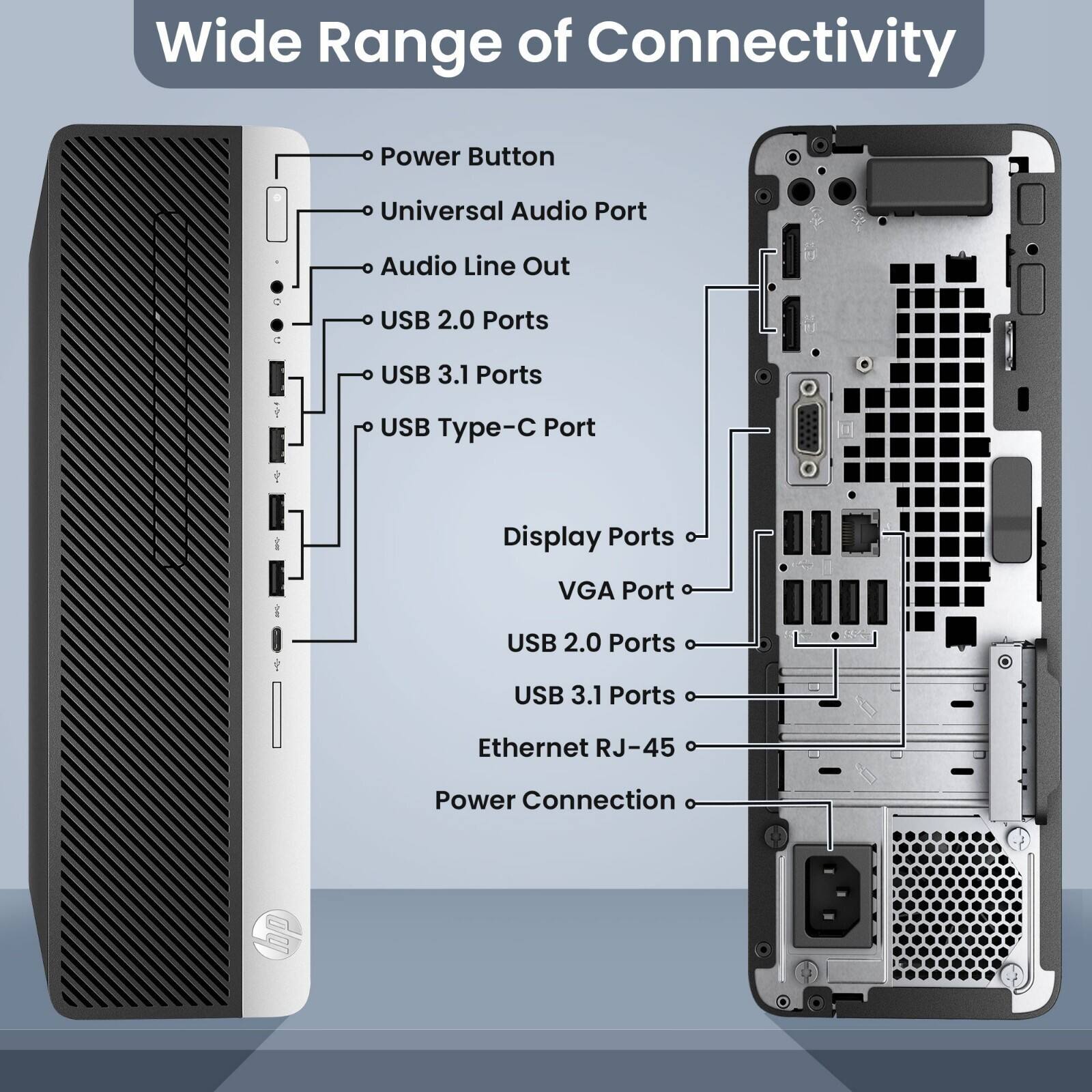 Wide Range of Connectivity  
- Power Button  
- Universal Audio Port  
- Audio Line Out  
- USB 2.0 Ports  
- USB 3.1 Ports  
- USB Type-C Port  
- Display Ports  
- VGA Port  
- Ethernet RJ-45  
- Power Connection