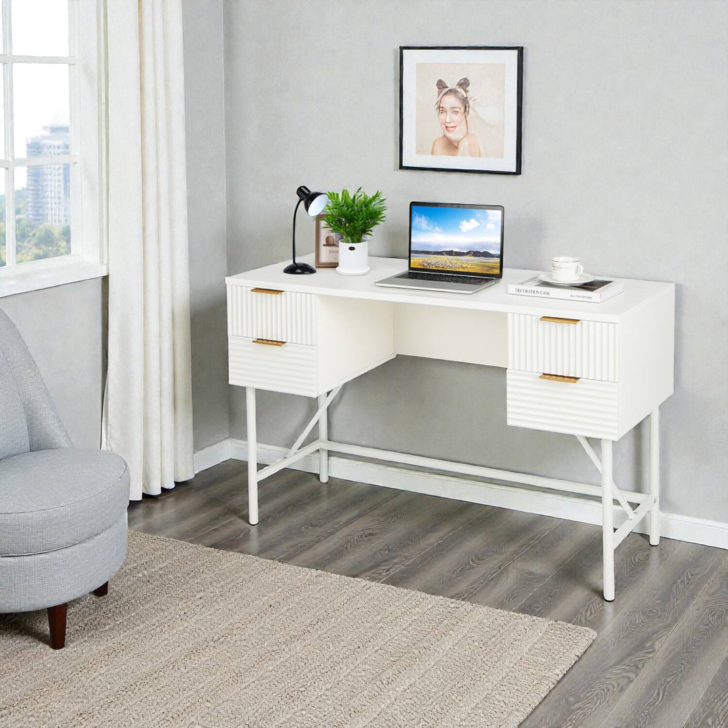 Front. Hivvago - Functional 48" Office Desk with 4 Built-in Drawers - White.