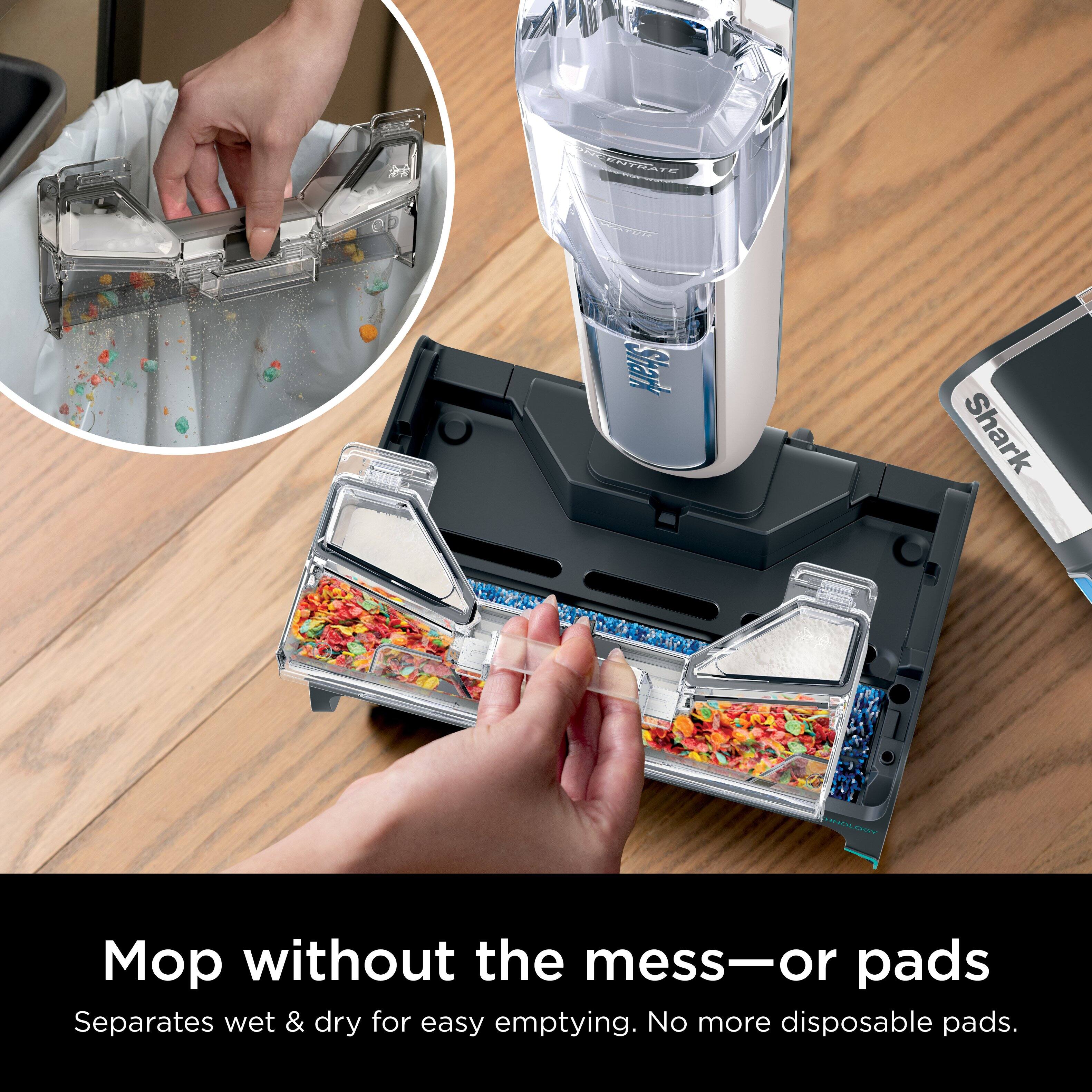 "Mop without the mess-or pads. Separates wet & dry for easy emptying. No more disposable pads."