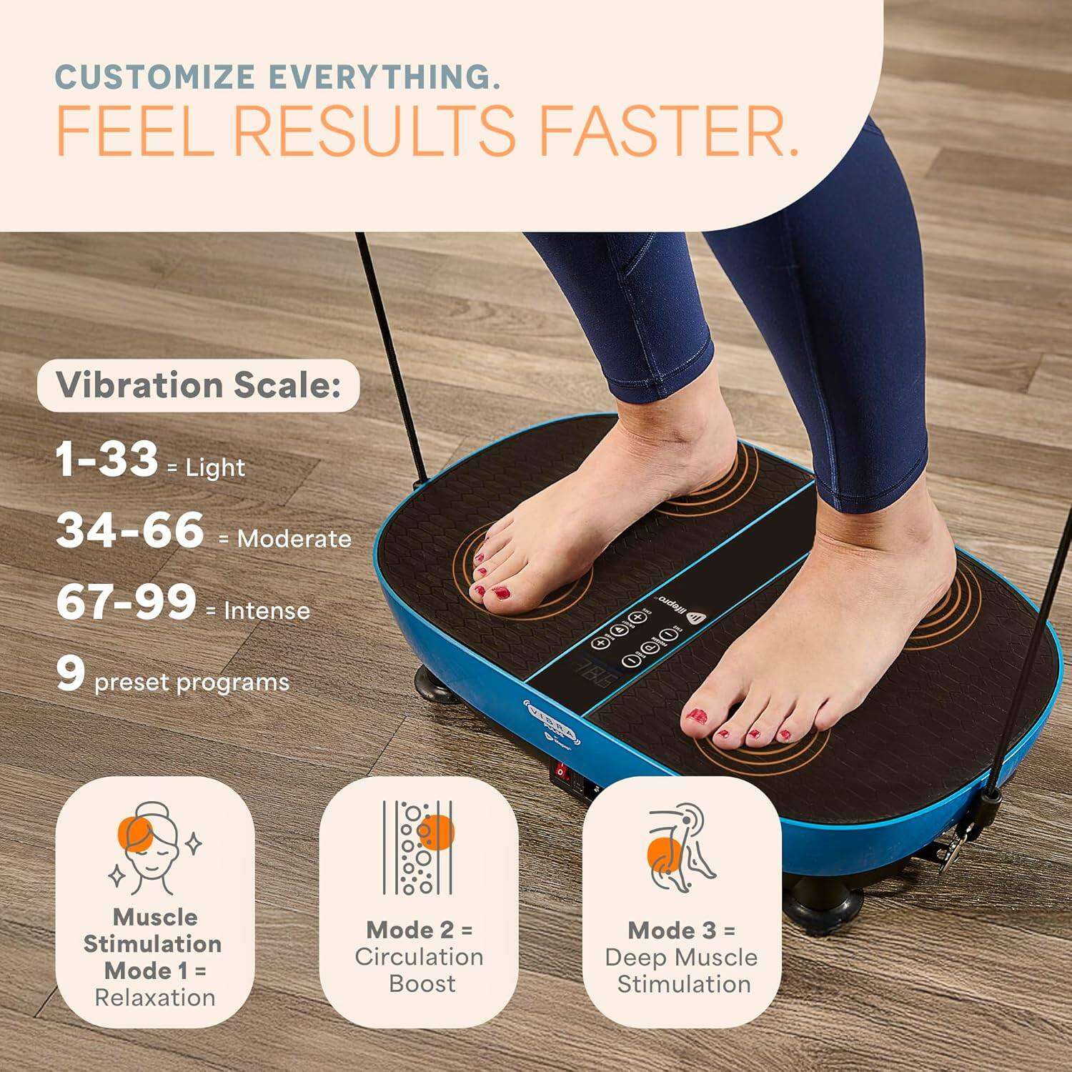 CUSTOMIZE EVERYTHING. FEEL RESULTS FASTER.

Vibration Scale:
1-33 = Light
34-66 = Moderate
67-99 = Intense

9 preset programs

Muscle Stimulation Mode 1 = Relaxation
Mode 2 = Circulation Boost
Mode 3 = Deep Muscle Stimulation