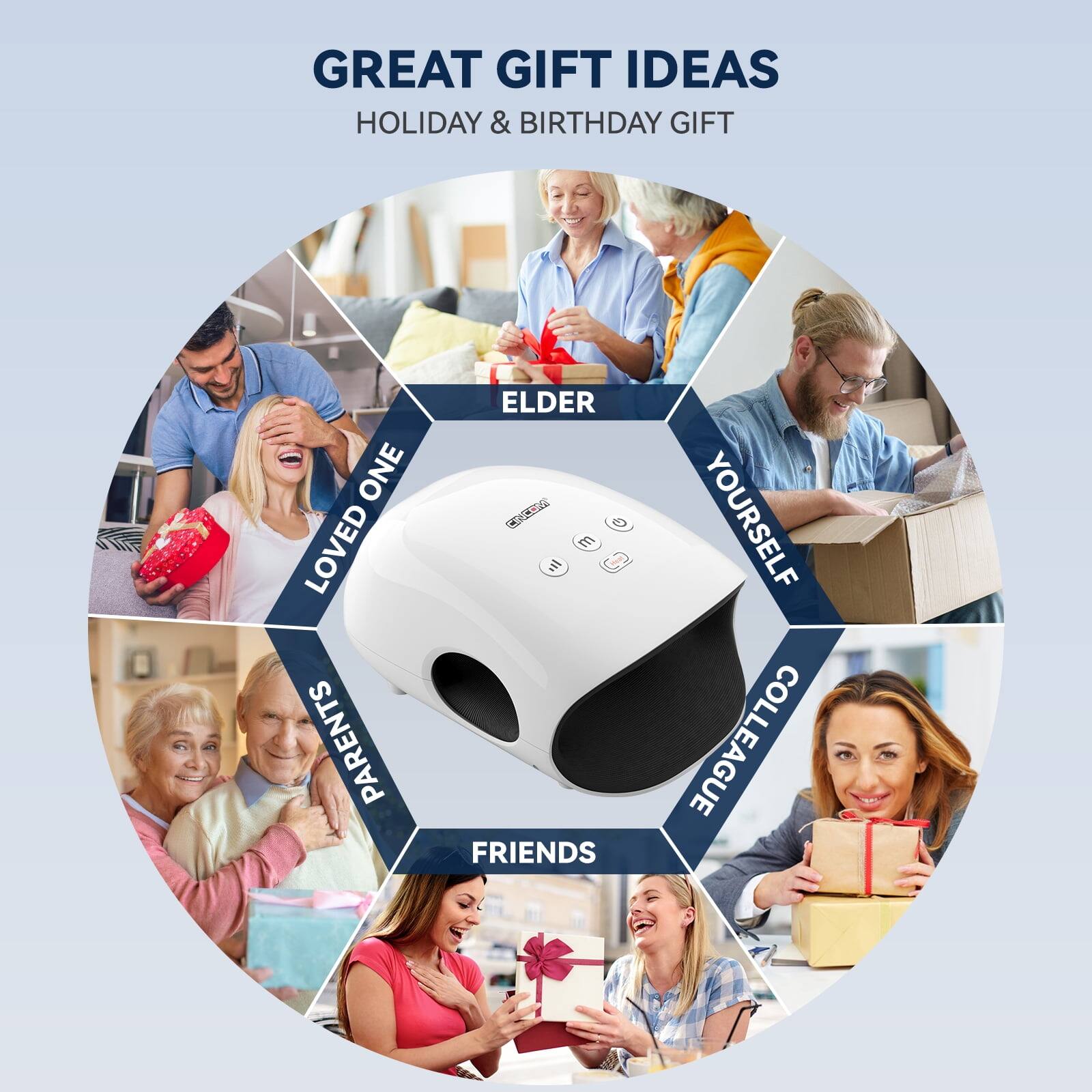 GREAT GIFT IDEAS  
HOLIDAY & BIRTHDAY GIFT

- LOVED ONE
- ELDER
- PARENTS
- FRIENDS
- YOURSELF
- COLLEAGUE