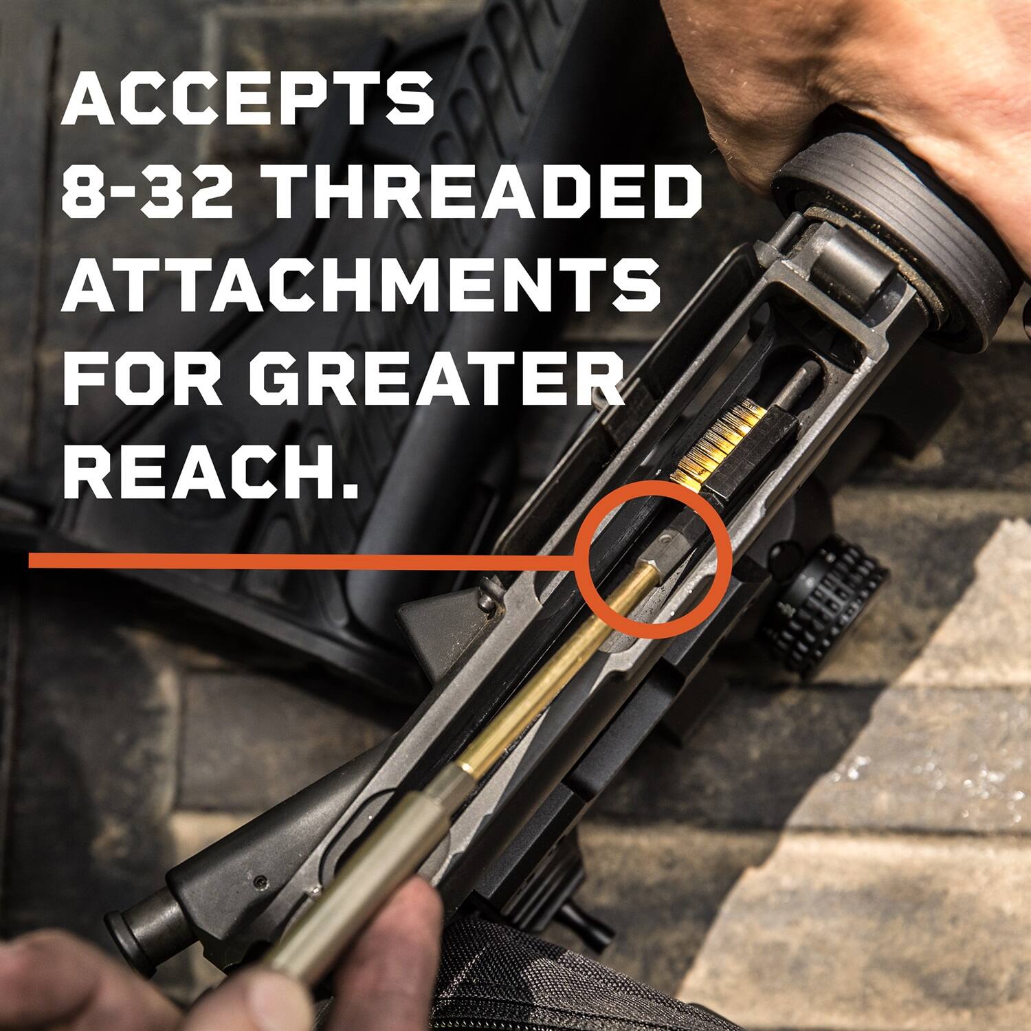 ACCEPTS 8-32 THREADED ATTACHMENTS FOR GREATER REACH.