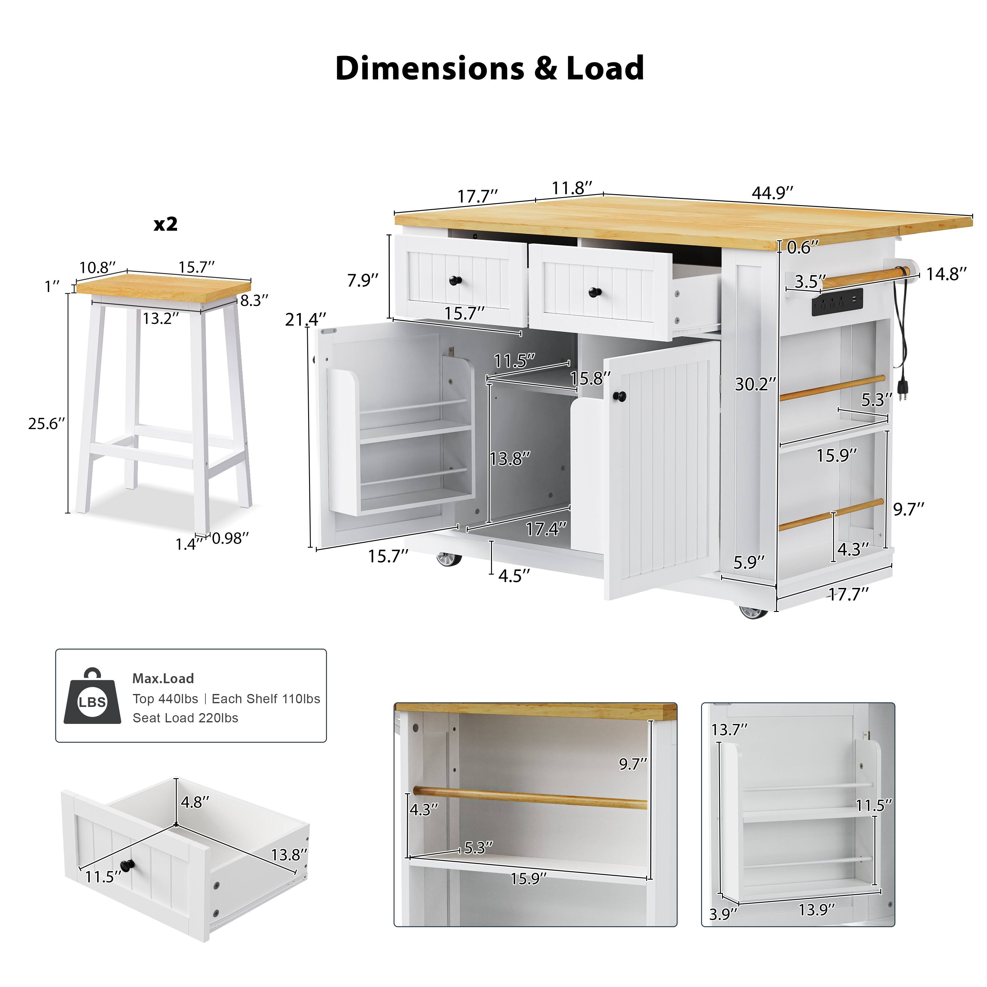 Dimensions & Load

- 1" x 10.8" x 2 15.7" 13.2" 7.9" 8.3" 21.4" 17.7" 15.7" 11.8" 44.9" 0.6" 3.5" 14.8" 25.6" 11.5" 5.8" 30.2" 5.3' 13.8" 15.9" 0.98" 1.4" 15.7" 17.4" 4.5" 5.9" 4.3" 17.7" 9.7"

Max.Load
- Top 440lbs
- Each Shelf 110lbs
- Seat Load 220lbs

- 13.7" - 1 9.7" 4.8" 4.3" 11.5" 11.5" 13.8" 5.3" 15.