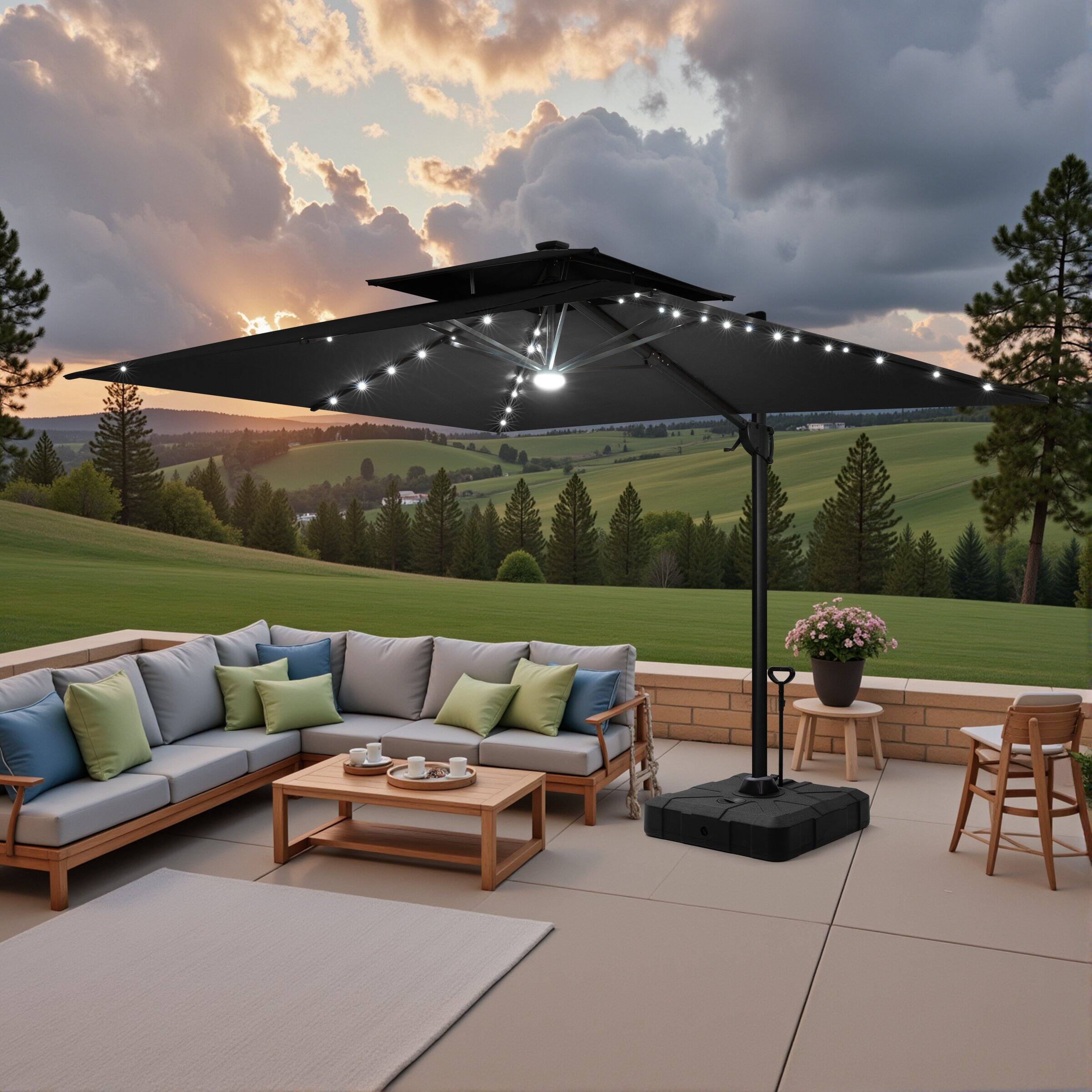 Back. Crestlive Products - Crestlive Products 9x11ft Aluminum Double Top Crank Cantilever Patio Umbrella with Lights with Base - Black.
