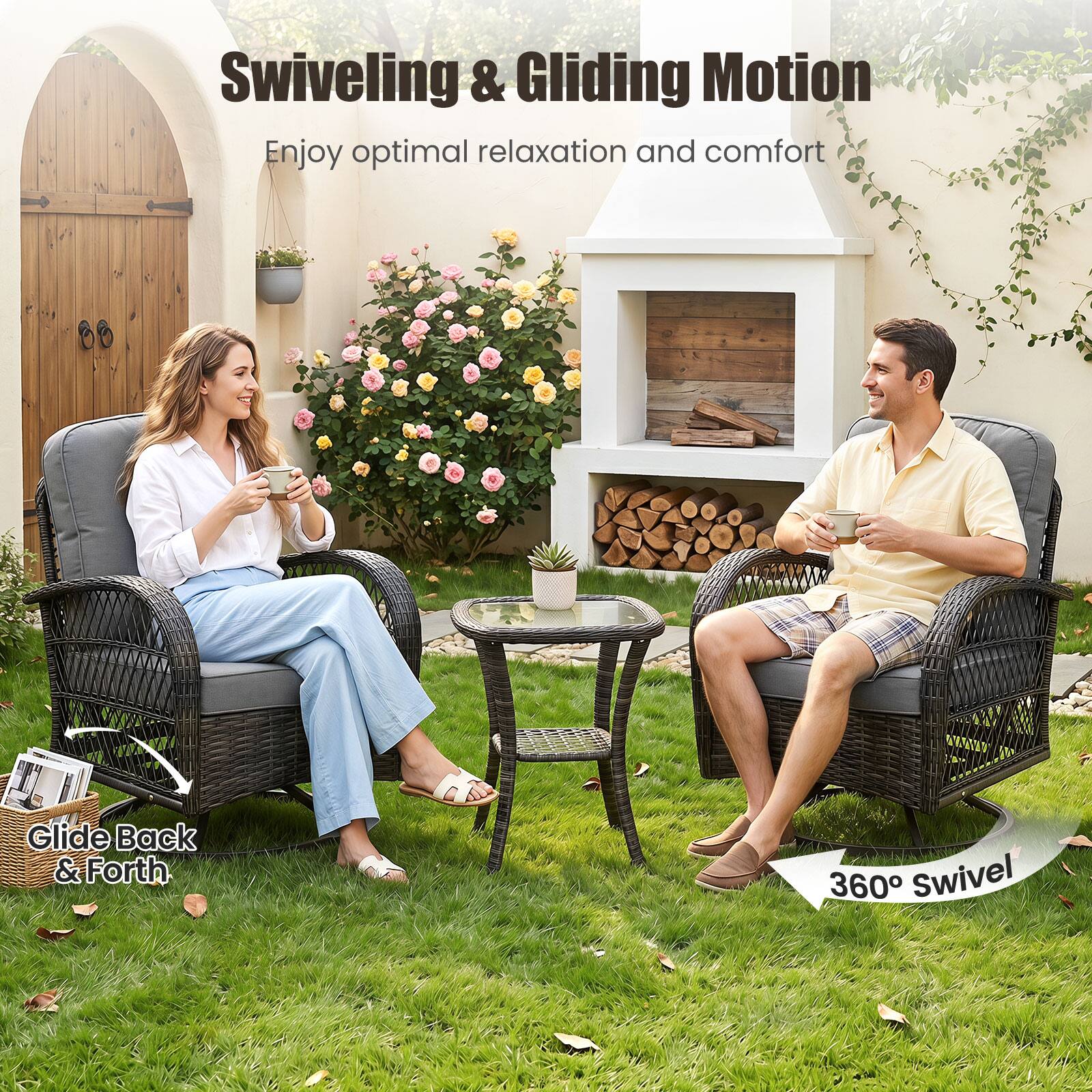 Swiveling & Gliding Motion  
Enjoy optimal relaxation and comfort  
Glide Back & Forth  
360° Swivel
