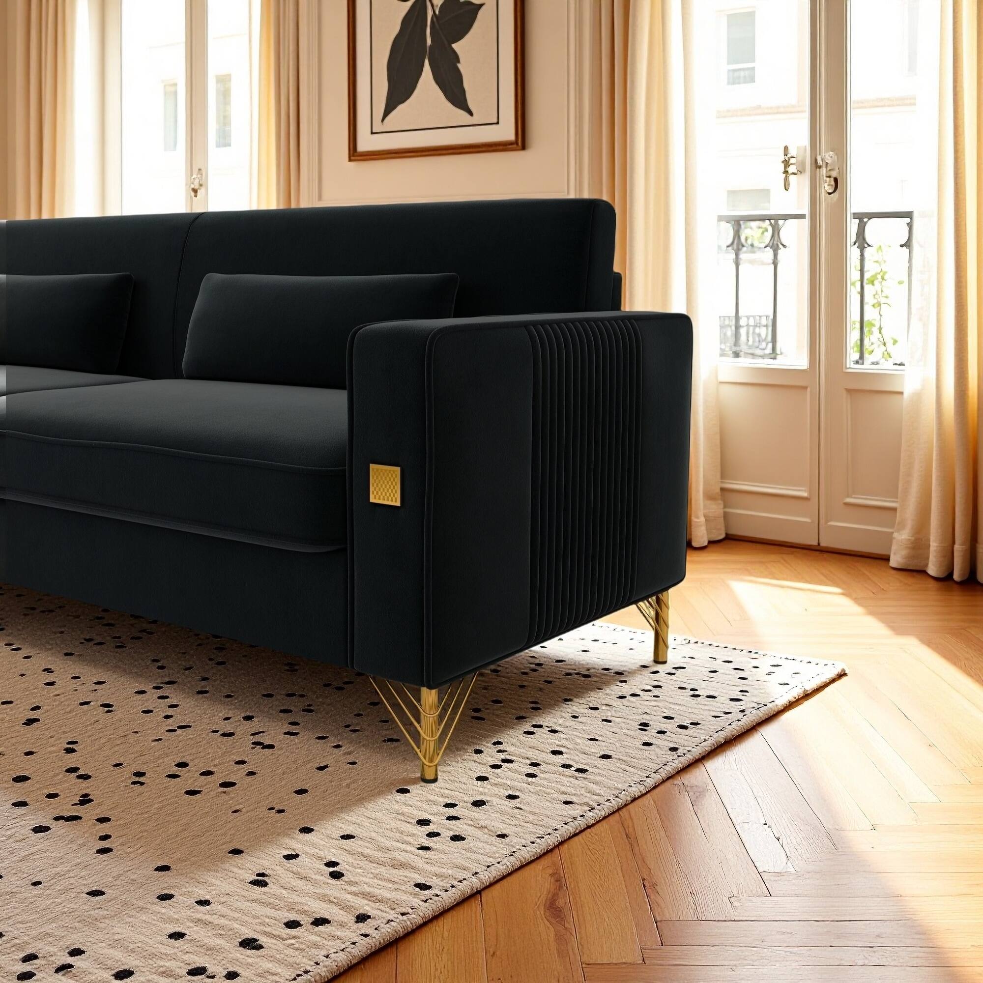 Angle. Anysun - Luxury 3-Seat Velvet Sofa with Gold Accents - Plush Cushions for Living Room & Office. - Black.
