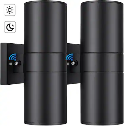 Front. Nordic Hygge - Modern Outdoor Wall Light with Dusk to Dawn Sensor, Exterior Light Fixture Wall Mount Waterproof Anti-Rust Cylinder - Black.