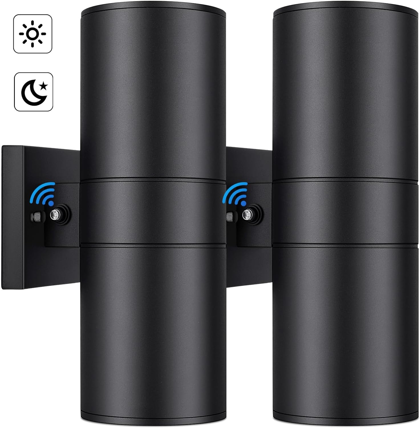 Front. Nordic Hygge - Modern Outdoor Wall Light with Dusk to Dawn Sensor, Exterior Light Fixture Wall Mount Waterproof Anti-Rust Cylinder - Black.