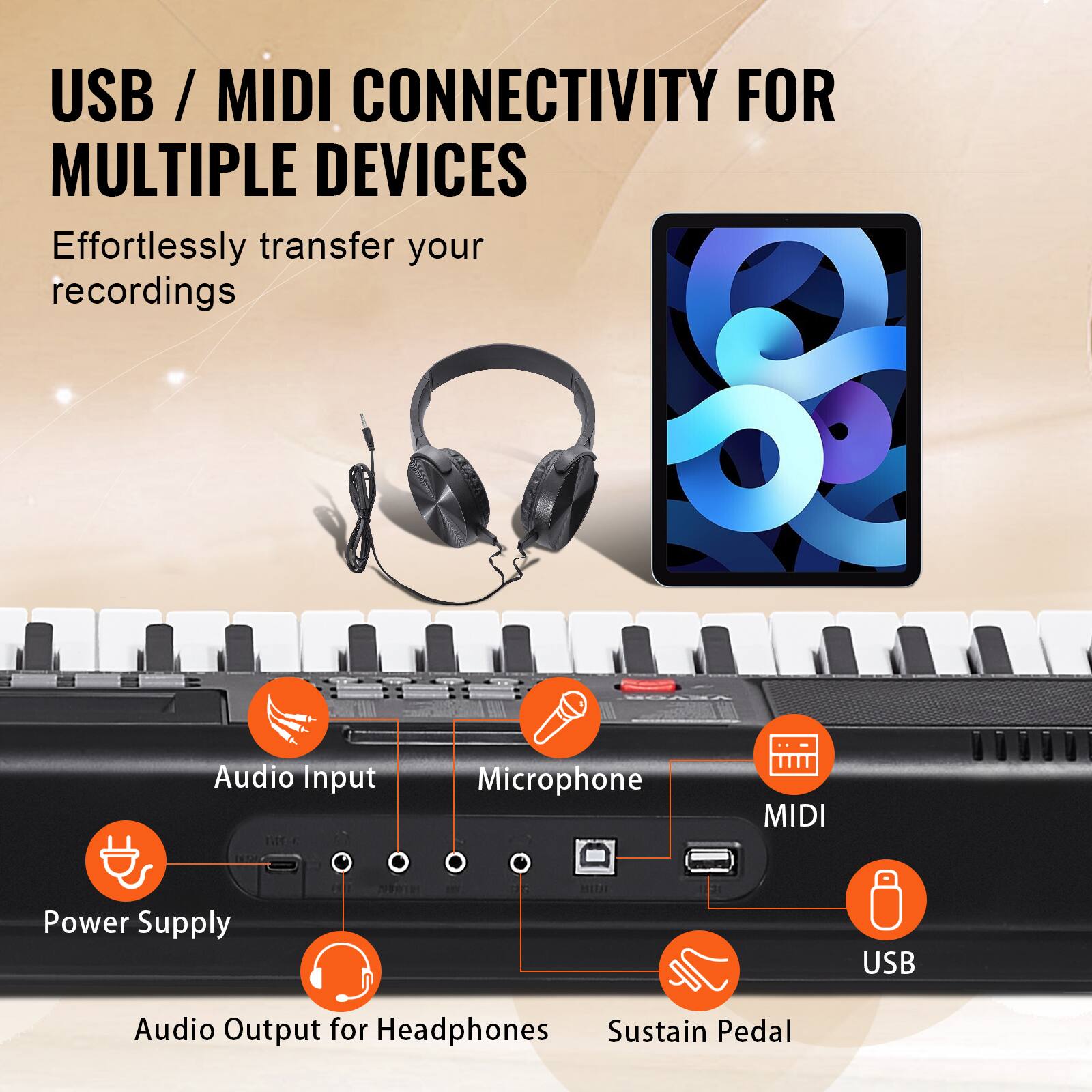 USB / MIDI CONNECTIVITY FOR MULTIPLE DEVICES

Effortlessly transfer your recordings

- Audio Input
- Microphone
- MIDI
- Power Supply
- Audio Output for Headphones
- Sustain Pedal
- USB