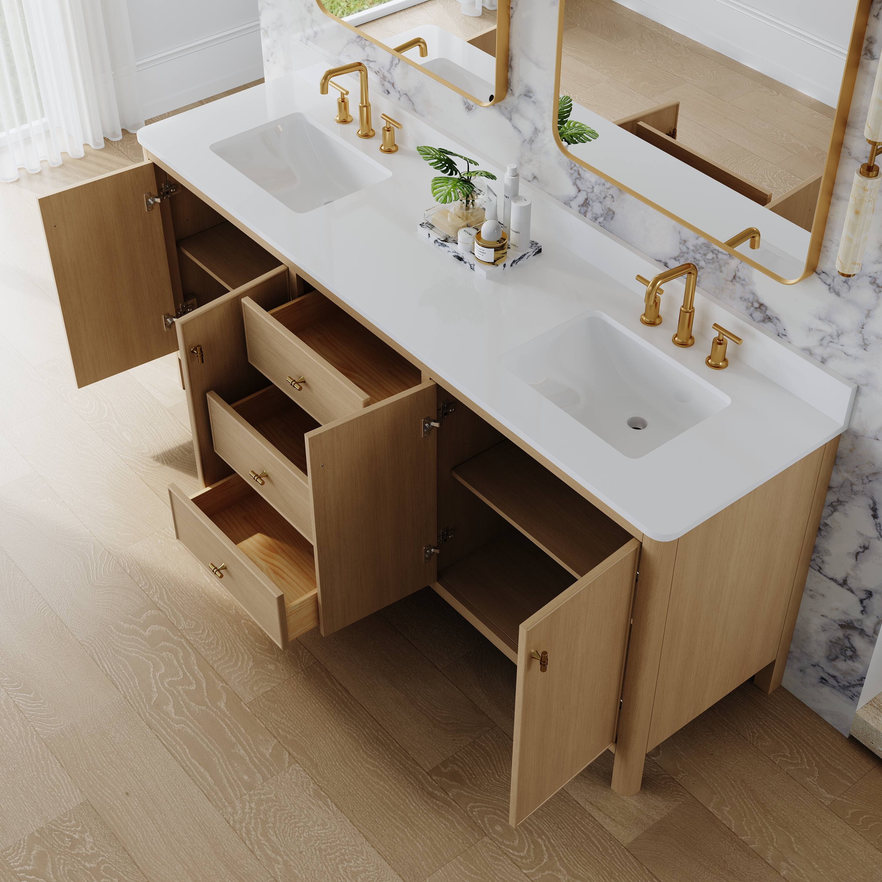 Left. WELLFOR - LORIN 80 in. Solid Wood Bath Vanity with Quartz Top, Double Sink, Soft Close, Assembled - OAK.