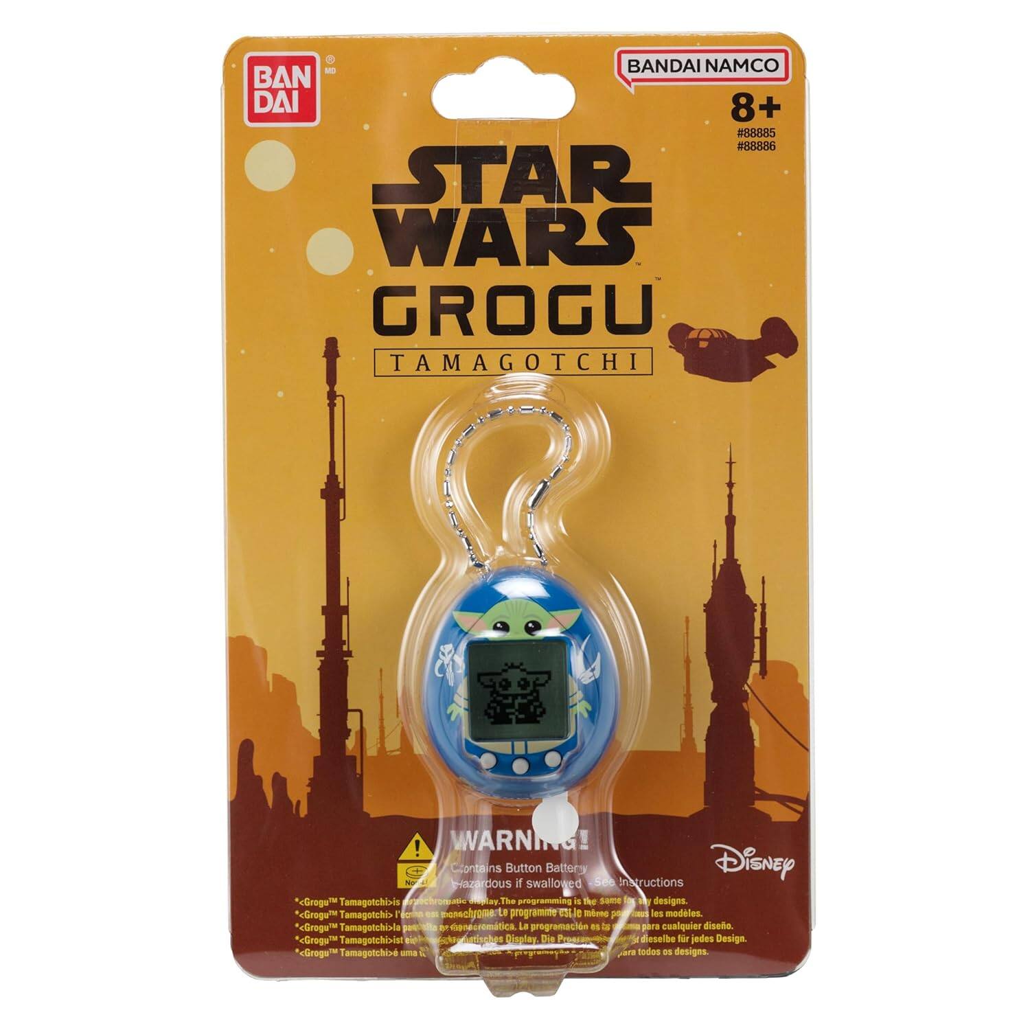 - BANDAI NAMCO  
BAN DAI  
8+  
#88885 #88886  
STAR WARS GROGU TAMAGOTCHI  
WARNING! Contains Button Battery  
Disney  
Grogu" Tamagotchis have the same programming and designs.  
Grogu" Tamagotchis have the same programming and designs.  
Grogu" Tamagotchis have the same programming and designs.  
Grogu" Tamagotchis have the same programming and designs.