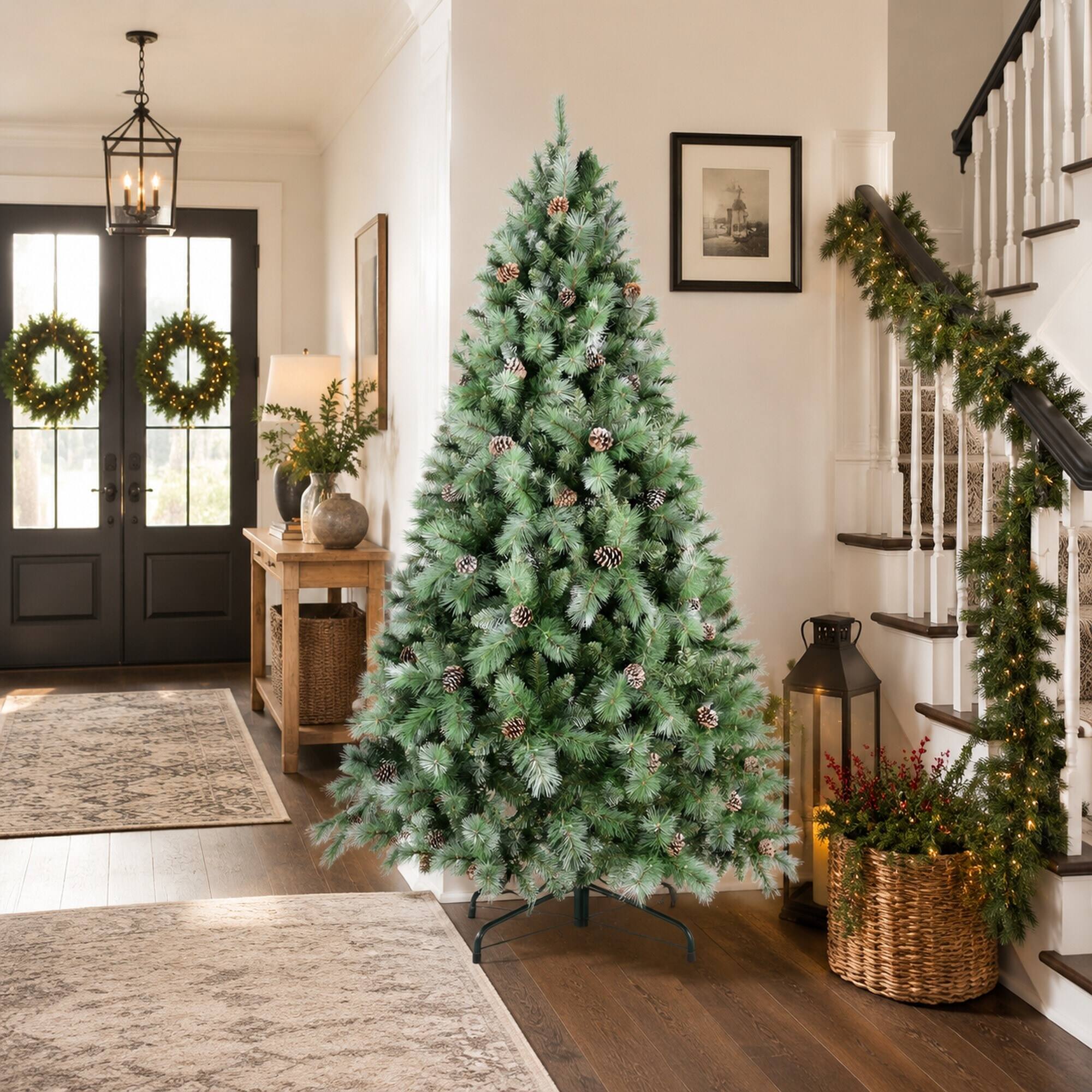 Alt View 1. RYHNUYNE - 7.5FT Christmas Tree With 92 Pine Cones, 1588 Mixed PVC Hard Needle Branches Hinged Structure Sturdy Metal Stand - Green.
