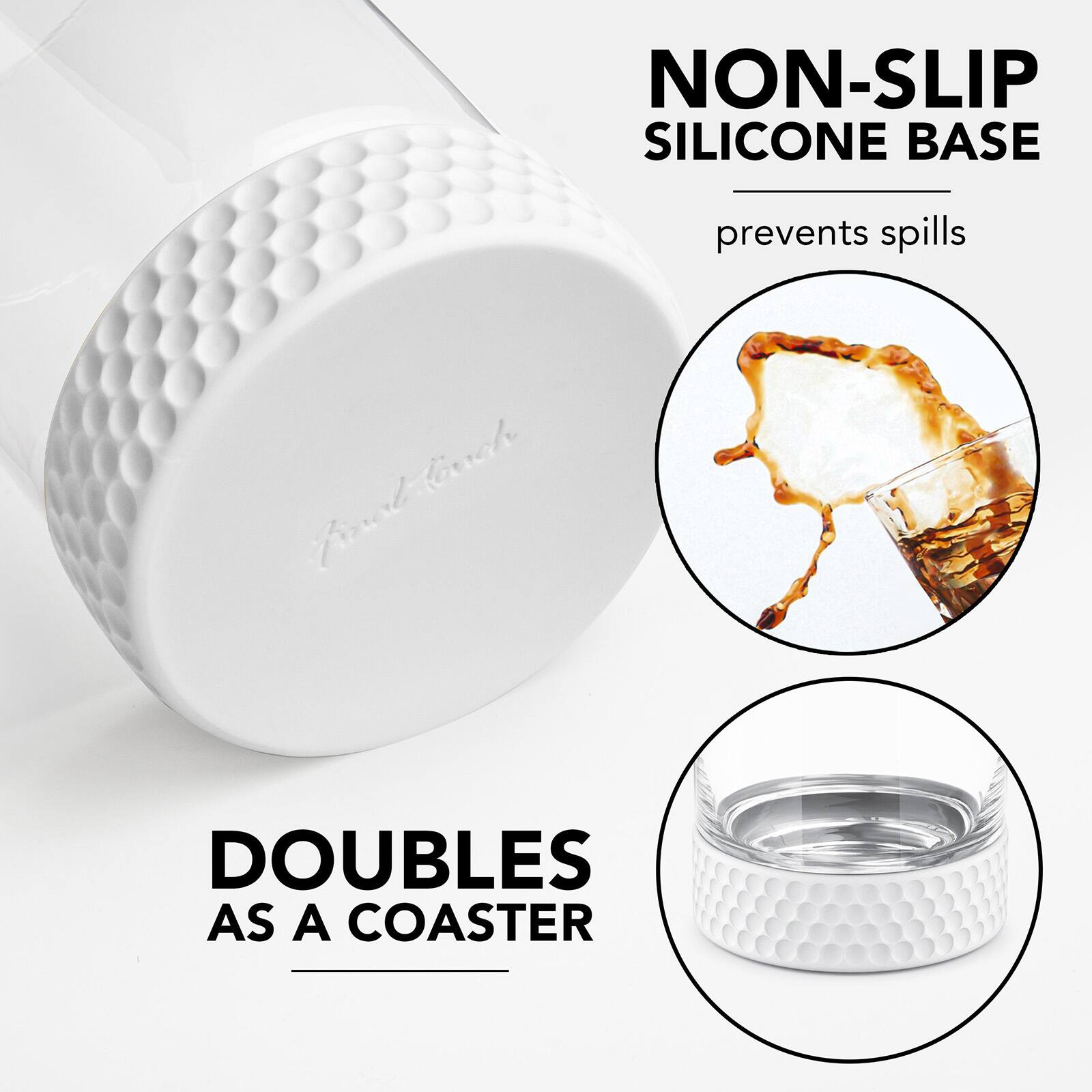 NON-SLIP SILICONE BASE  
prevents spills  

DOUBLES AS A COASTER