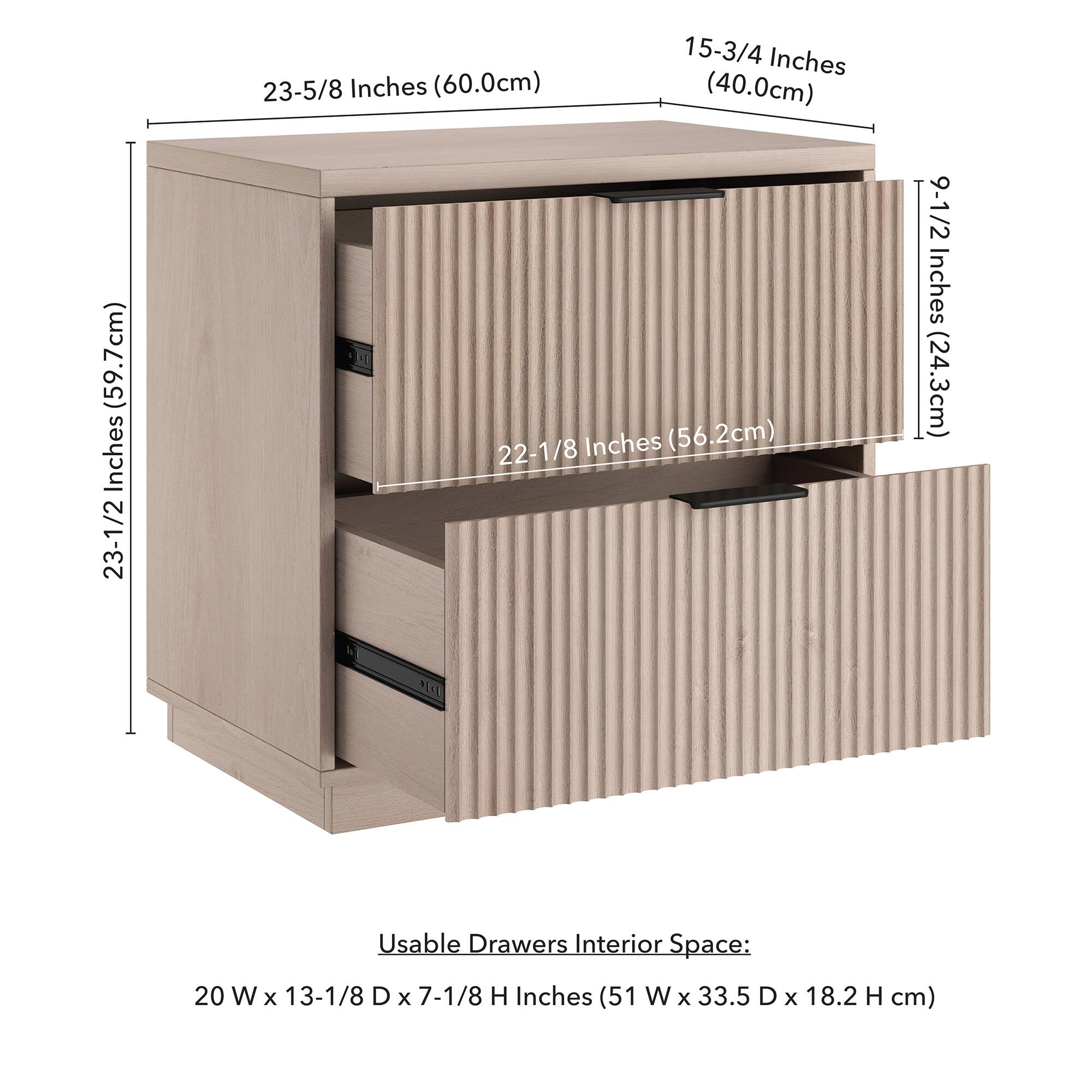 23-5/8 Inches (60.0cm)  
15-3/4 Inches (40.0cm)  
23-1/2 Inches (59.7cm)  
22-1/8 Inches (56.2cm)  
9-1/2 Inches (24.3cm)  

Usable Drawers Interior Space:  
20 W x 13-1/8 D x 7-1/8 H Inches (51 W x 33.5 D x 18.2 H cm)