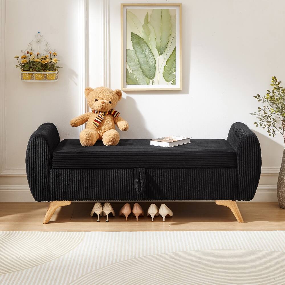 Alt View 2. Ropilly - Ropilly 57 Inch Black Corduroy Upholstered Storage Bench with Wood Legs, End of Bed Bench for Bedroom and Entryway - Black.