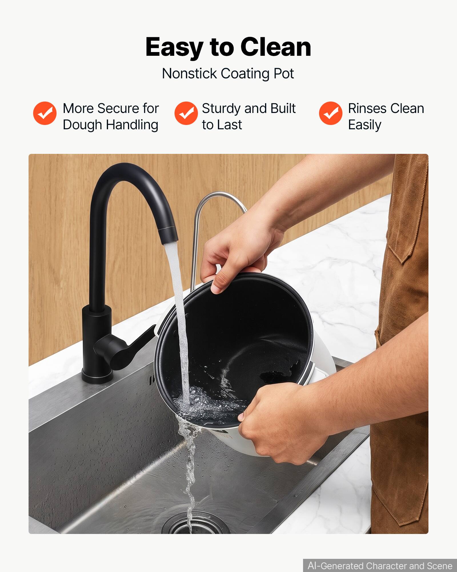 Easy to Clean  
Nonstick Coating Pot

- More Secure for Dough Handling
- Sturdy and Built to Last
- Rinses Clean Easily

AI-Generated Character and Scene