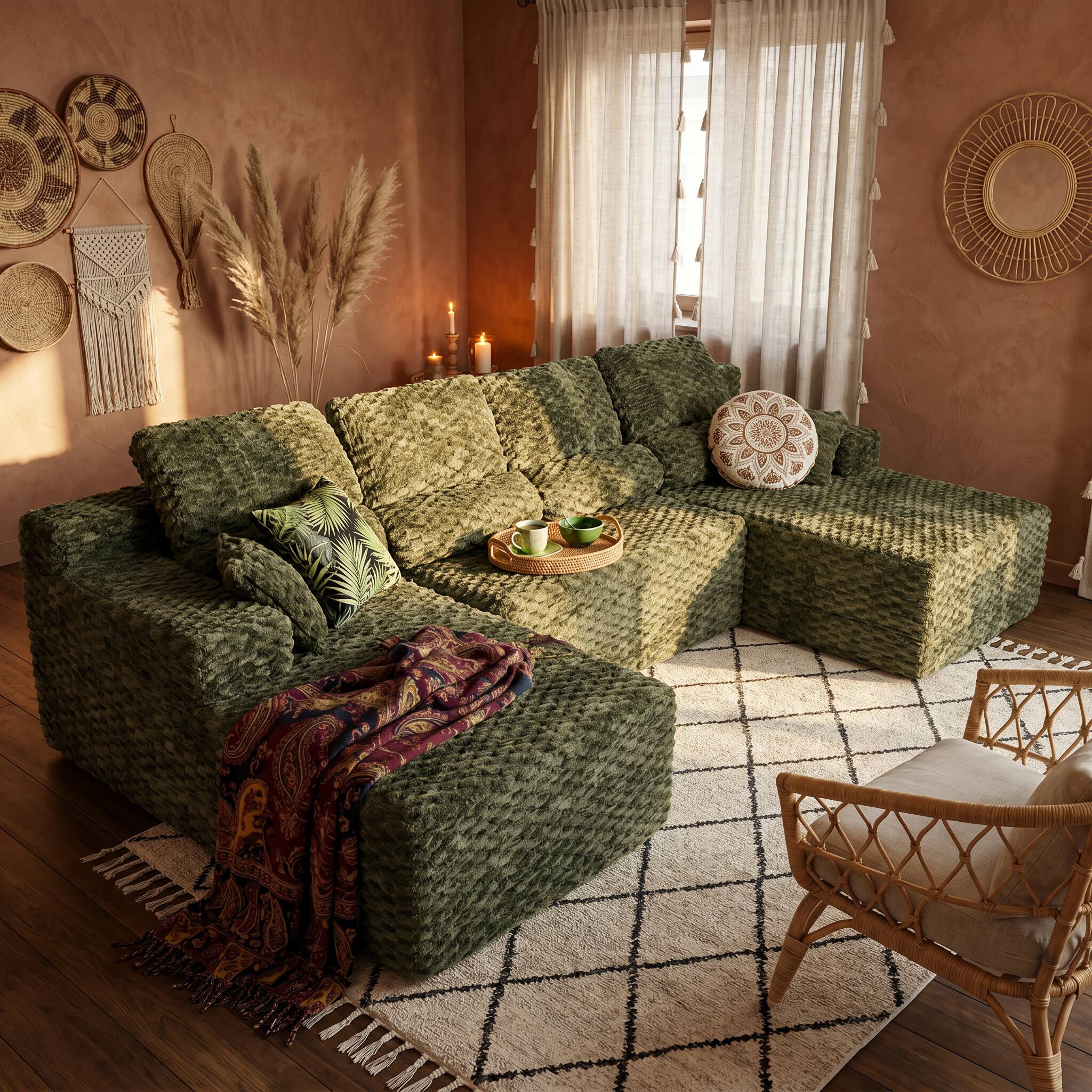 Alt View 2. Famapy - 135" Width Compressed Sectional Sofa No Assembly High-Density Foam, Pet-Friendly 3-Color Choice for Living Room - Dark Green.
