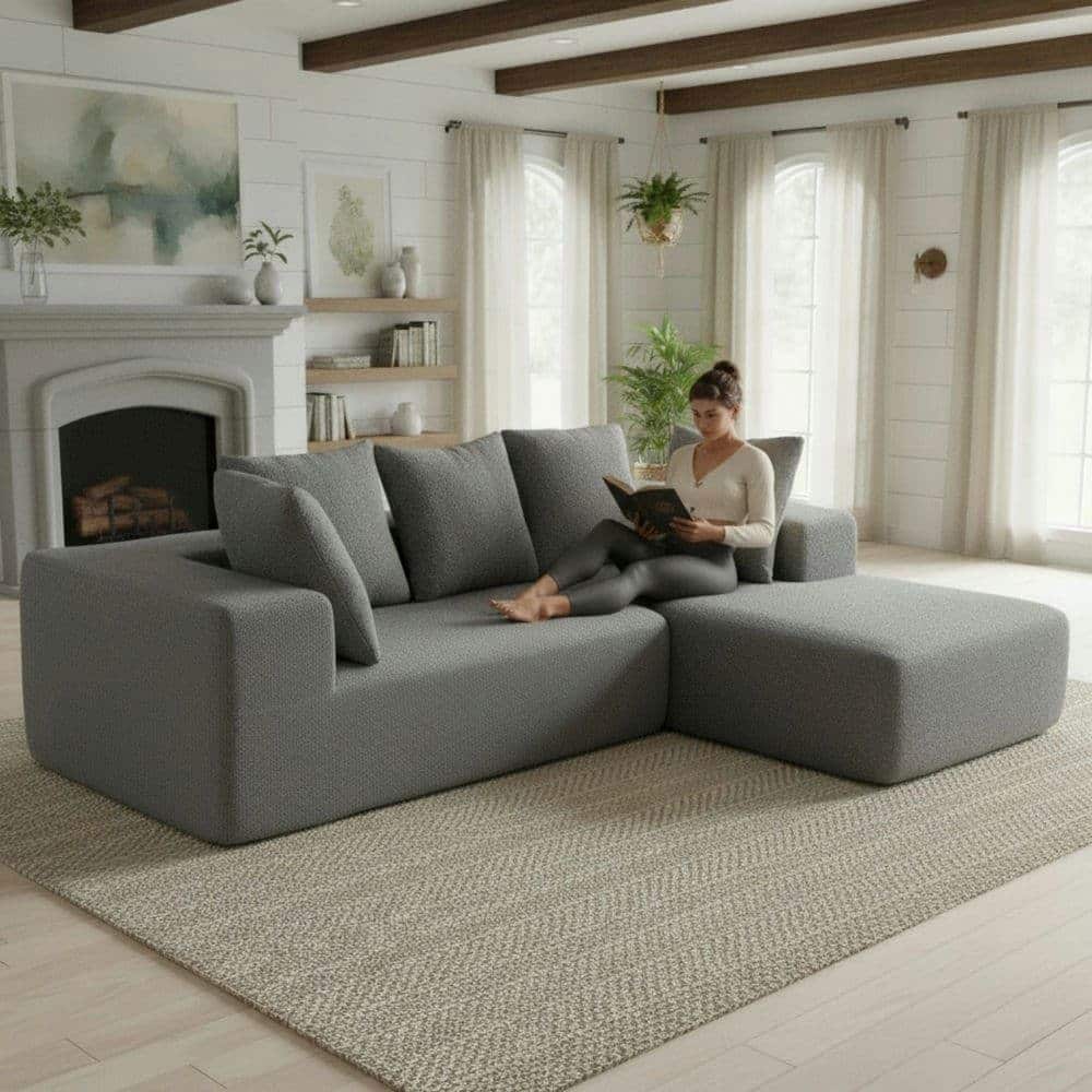 Resenkos - Full Foam Compression Modular Sofa with 5 Throw Pillows, Flannelette Fabric, L-Shaped, Ideal for Small Space - Gray