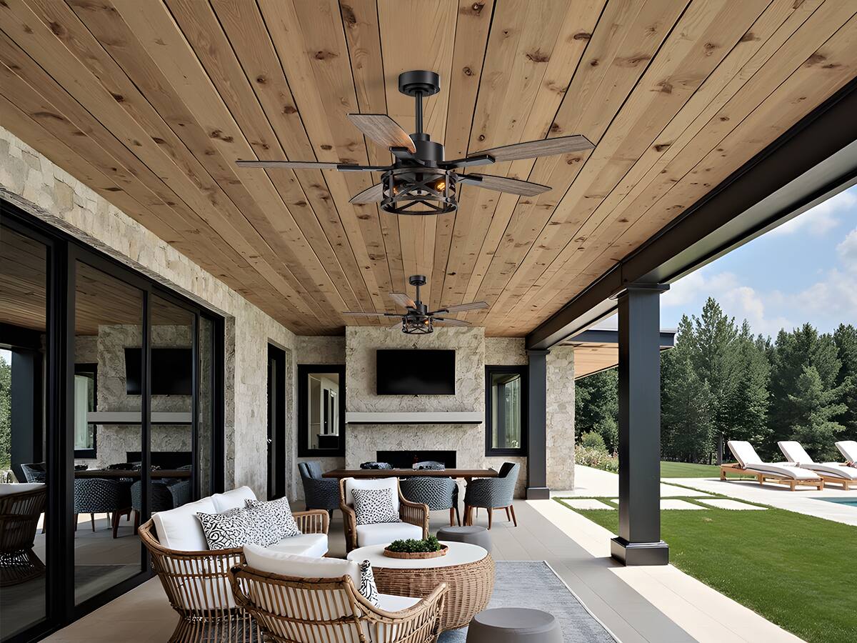 Angle. Siljoy - 52 Inch Black Ceiling Fan with Lights and Remote Farmhouse Cage Ceiling Fan Fits Patio Bedroom Living Room - Gold and Black.