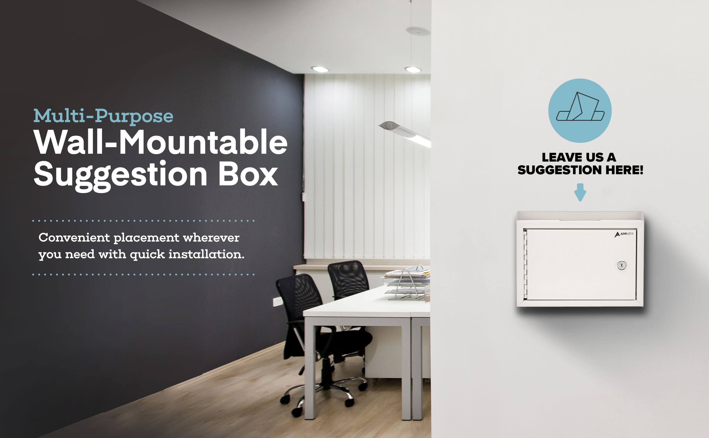 Multi-Purpose Wall-Mountable Suggestion Box, LEAVE US A SUGGESTION HERE!, Convenient placement wherever you need with quick installation.