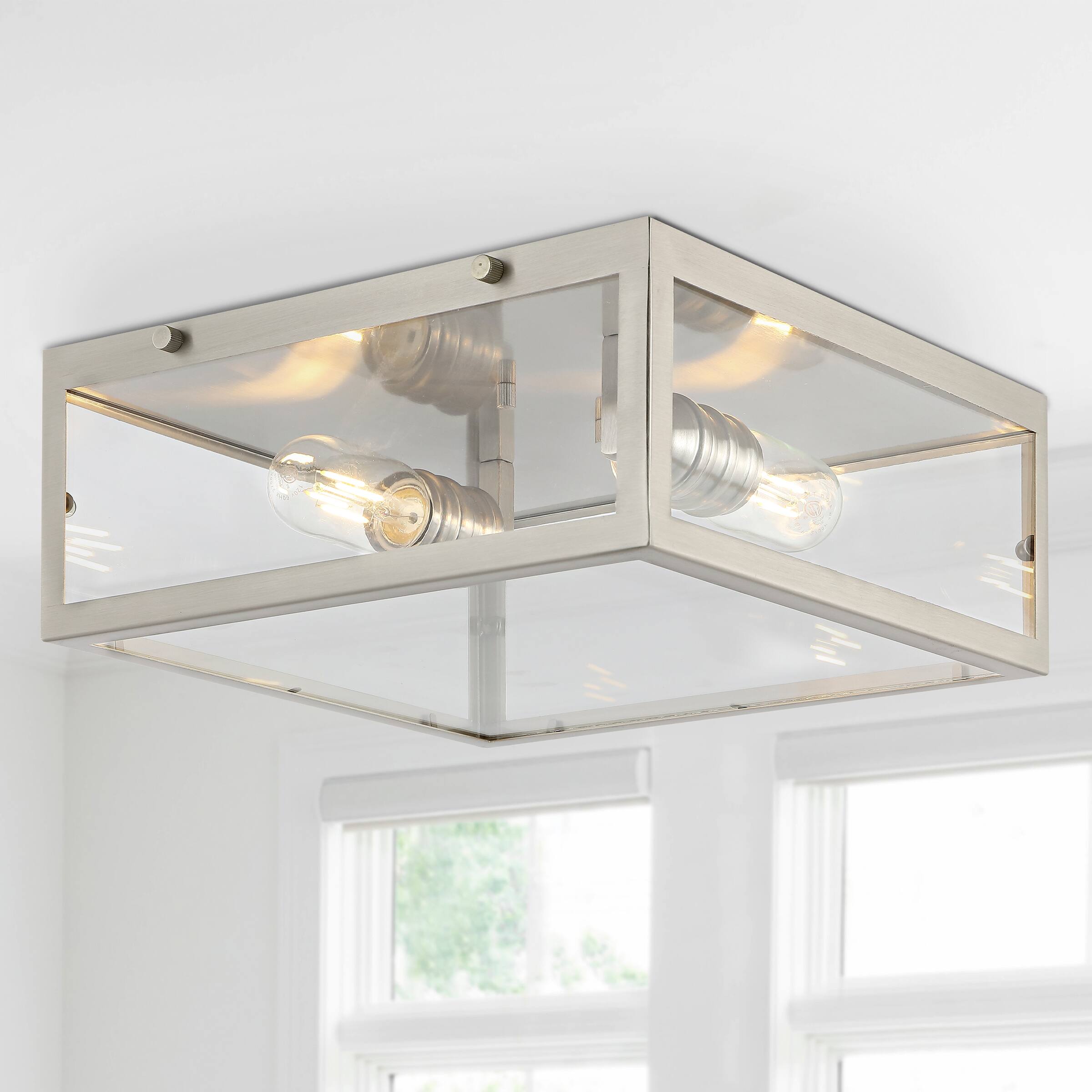 Alt View 1. Jonathan Y - Grayson 12" 2-Light Bohemian Farmhouse Iron/Glass LED Flush Mount, Nickel/Clear - Nickel.