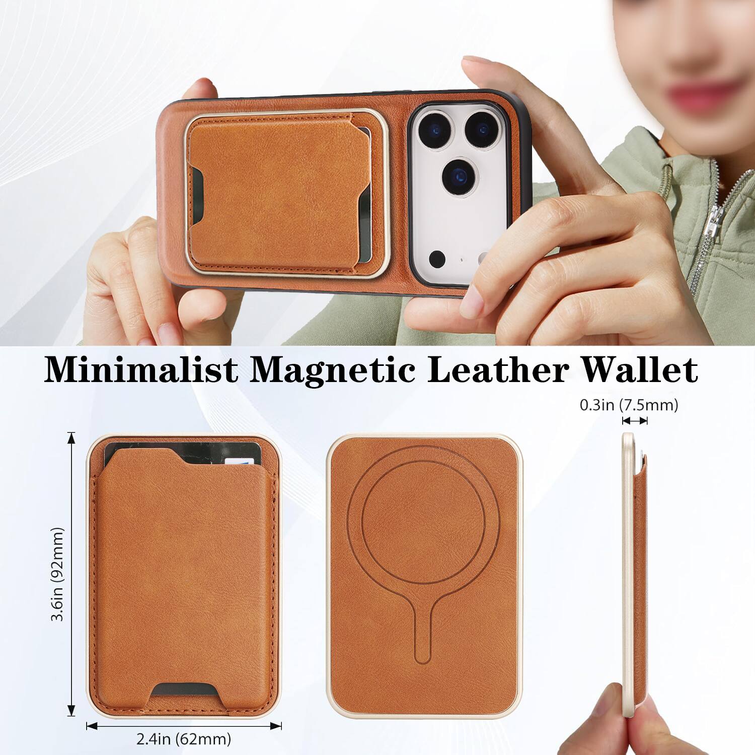 Minimalist Magnetic Leather Wallet  
0.3in (7.5mm)  
3.6in (92mm)  
2.4in (62mm)
