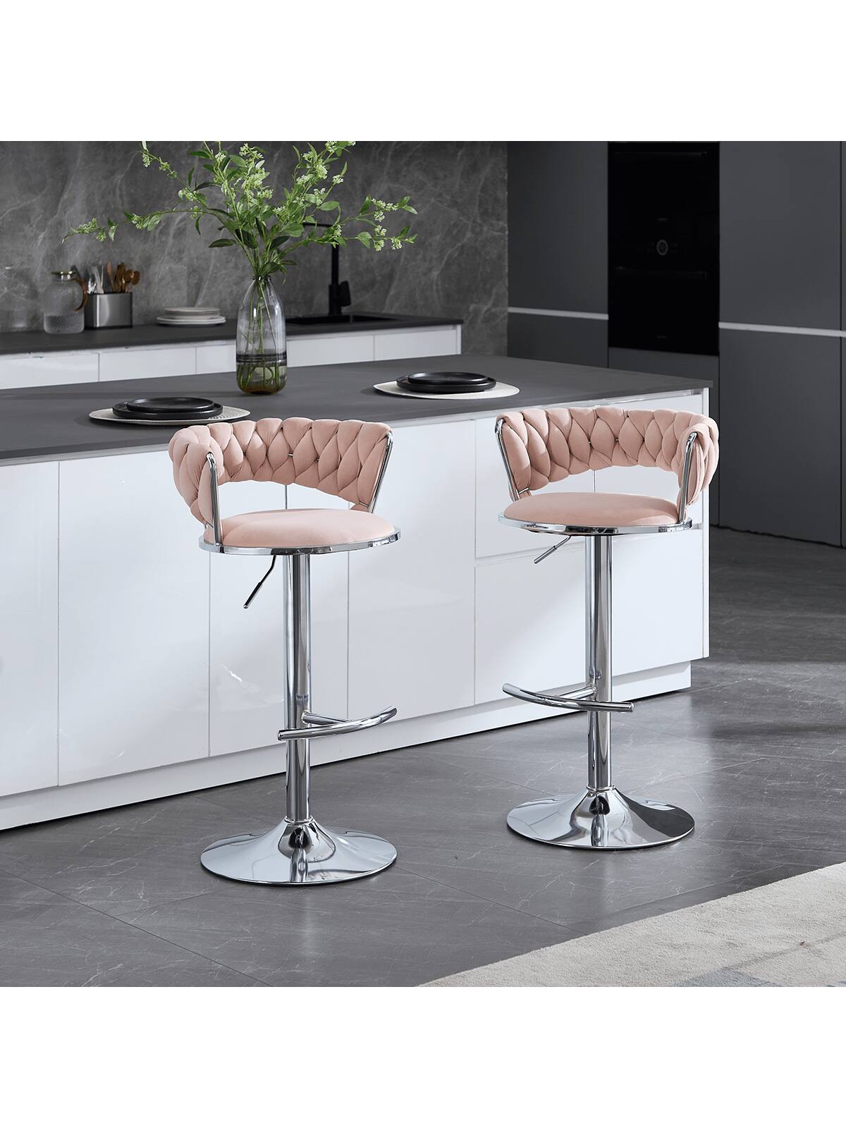 Angle. Trinkets Crazed - Velvet Bar Stools Set Of 2, Modern Swivel Barstools With Woven Backrest, Adjustable Counter Stools - Pink.