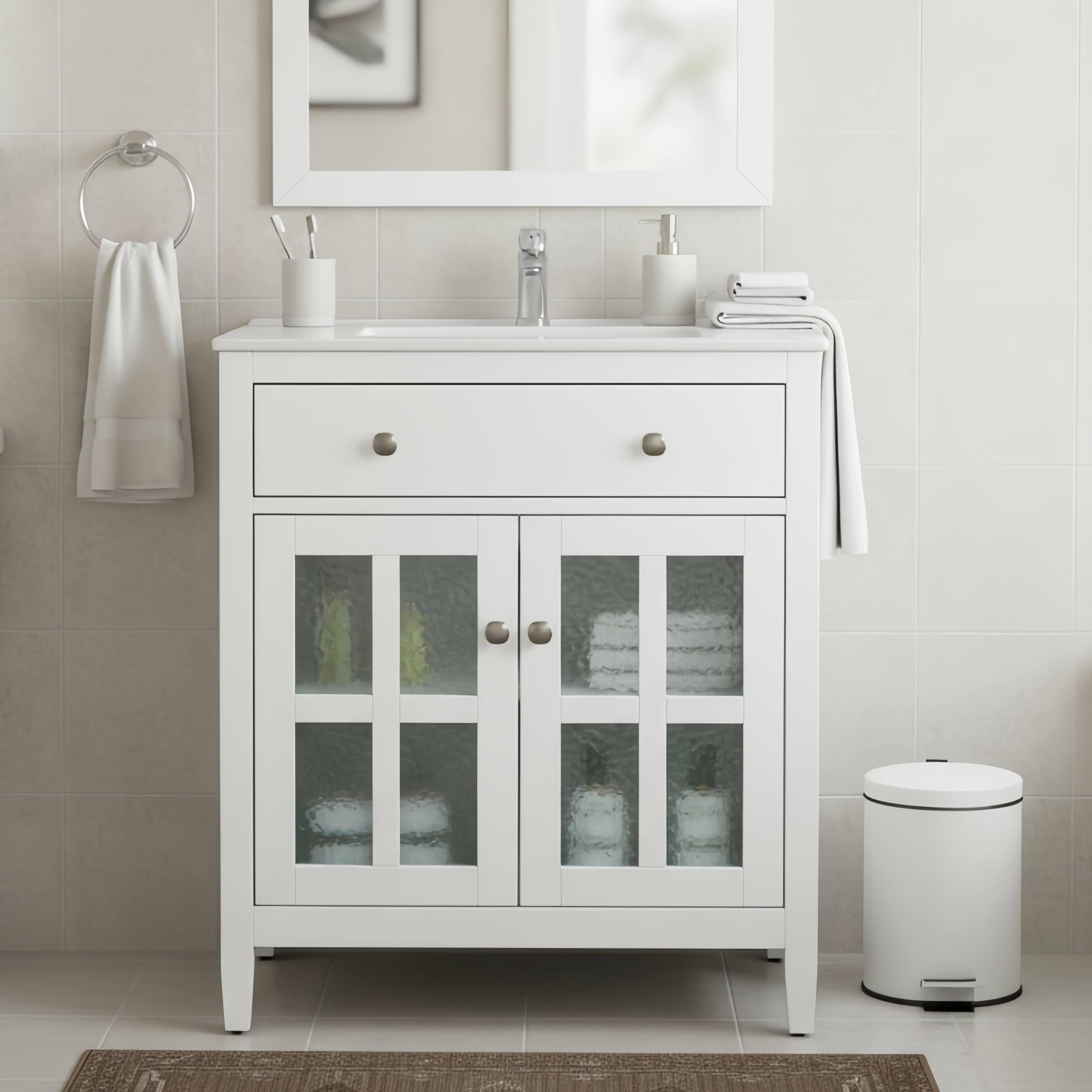 Left. Loheer - 2.5 ft Bathroom Vanity with Ceramic Sink, Adjustable Shelf and Tip-Out Tray - White.