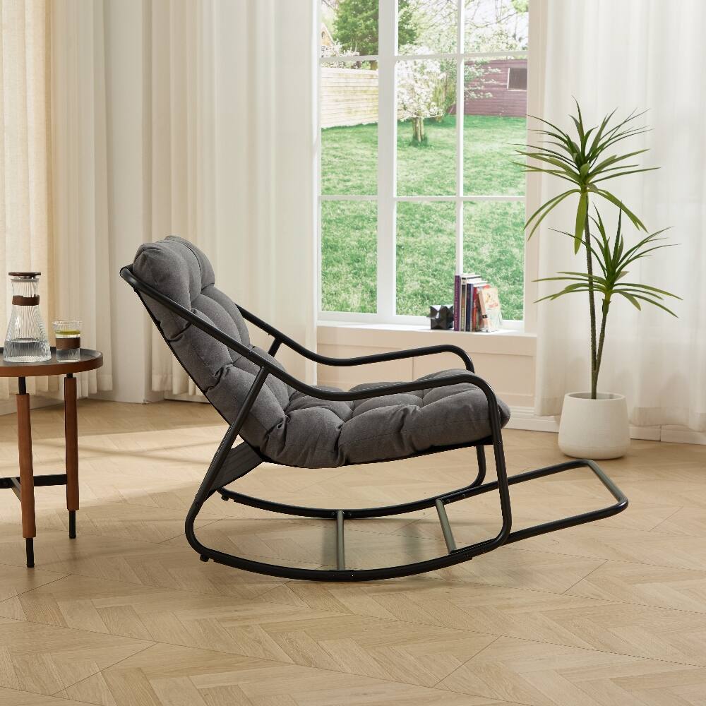 Alt View 1. Loheer - Loheer Outdoor Rocking Chair with Thick Grey Cushion, Modern Black Steel Frame Patio Rocker for Living Room and Bedroom - Grey.