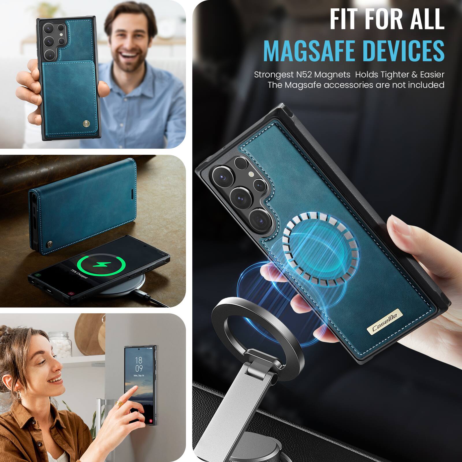 FIT FOR ALL MAGSAFE DEVICES  
Strongest N52 Magnets Holds Tighter & Easier  
The MagSafe accessories are not included  

75% Charged  

Caselile  

18 09 et.