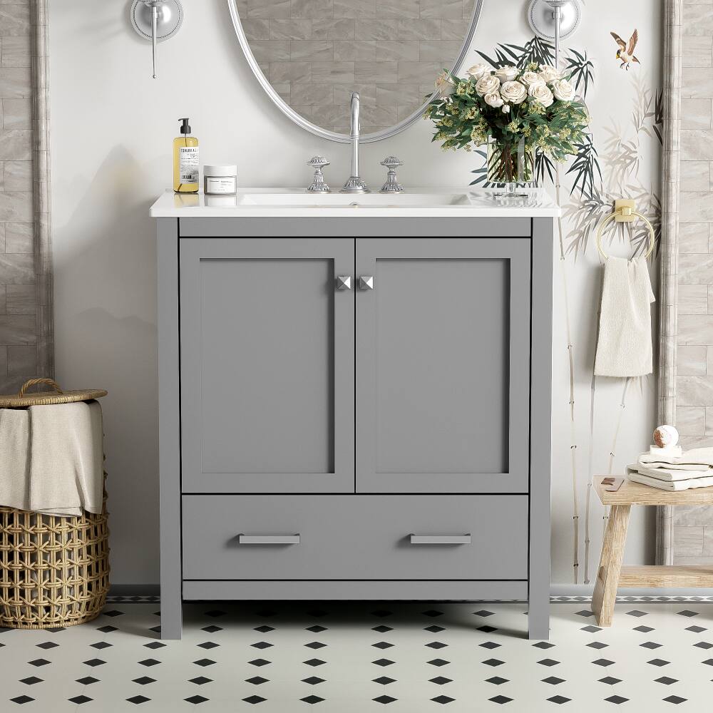 Left. JUJABU - 30" Gray Bathroom Vanity with Ceramic Sink and Drawer - Gray.