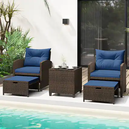 Front. Costway - 5 PCS Patio Rattan Furniture with 2 Wicker Ottomans & Tempered Glass Coffee Table - Navy + Mix Brown.