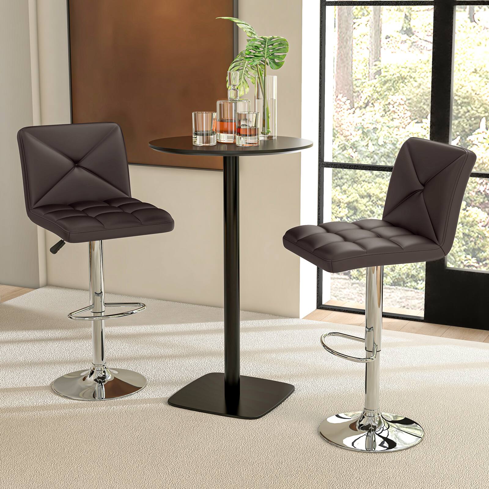 Alt View 7. Ecooso - Height Adjustable Bar Stools Set of 2, Upholstered Seat with Backrest and Smooth Swivel Design - Brown.