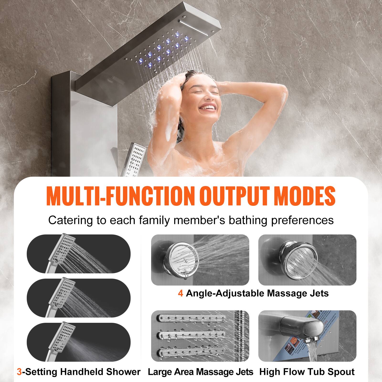 MULTI-FUNCTION OUTPUT MODES  
Catering to each family member's bathing preferences  

- 3-Setting Handheld Shower  
- 4 Angle-Adjustable Massage Jets  
- Large Area Massage Jets  
- High Flow Tub Spout