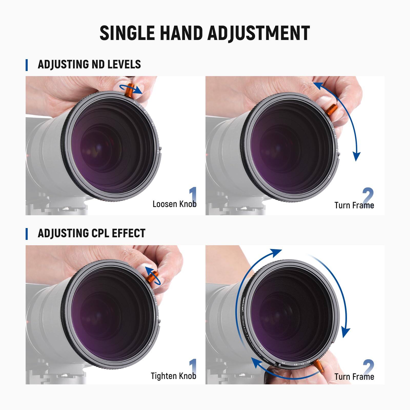 SINGLE HAND ADJUSTMENT

ADJUSTING ND LEVELS
1. Loosen Knob
2. Turn Frame

ADJUSTING CPL EFFECT
1. Tighten Knob
2. Turn Frame
