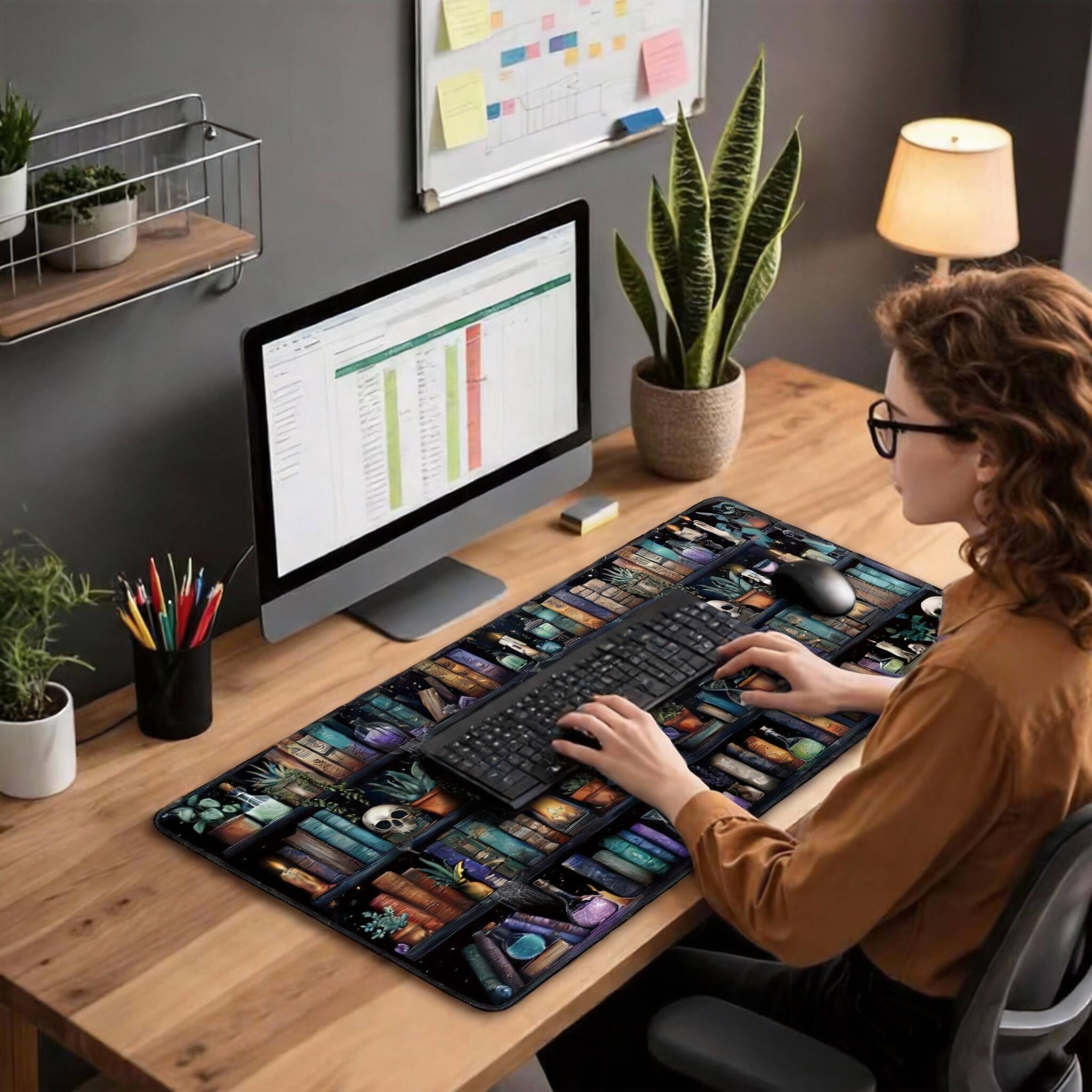 Alt View 2. Frangdom - Gothic Library Desk Mat Vintage Bookshelf Mouse Pad 31.5"x15.7" - Vintage Bookshelf.