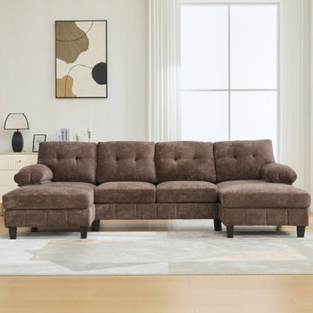 Front. LUCKY ONE - 103.5" U-Shaped Chenille Sectional Sofa w/ Dual Chaise Lounges Storage Pockets Armrest Pillows - Brown.